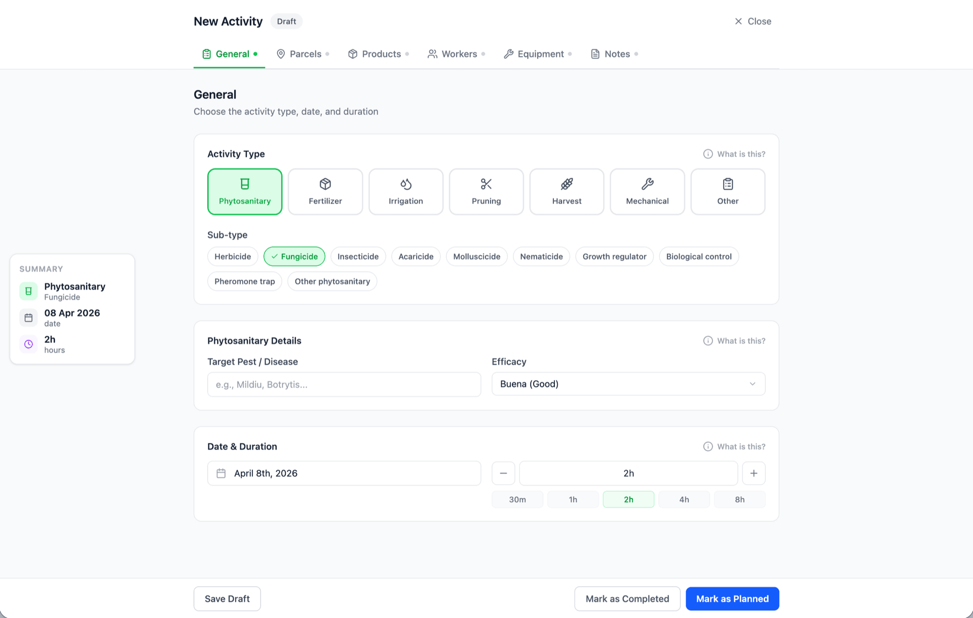 Mobile activity form showing a fungicide treatment subtype — product, dose, parcel, worker, start/end time, weather — with a green 'Save' action.