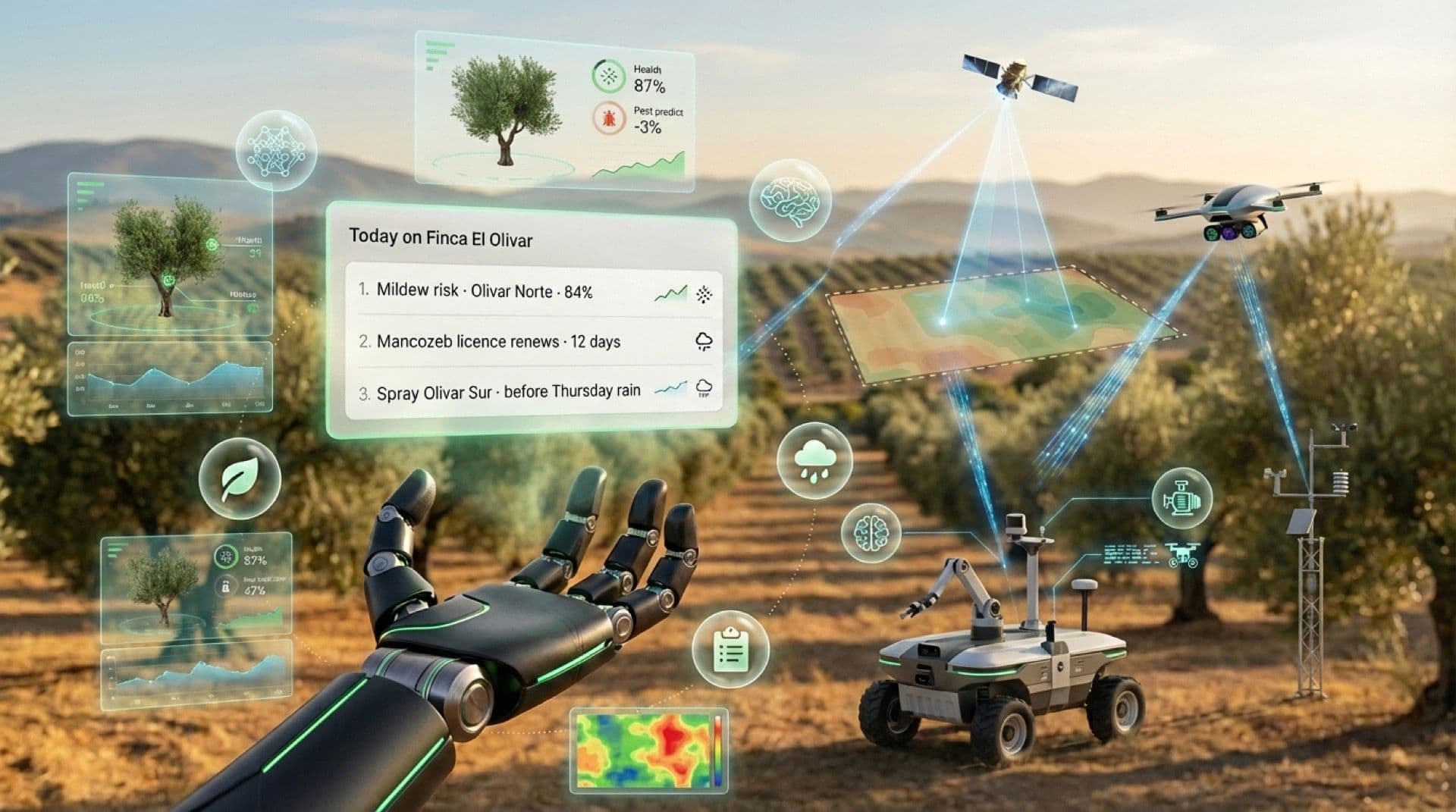 Koru Claw mobile dashboard. Header reads 'Today on Finca El Olivar'. Three ranked cards: '1. Mildew risk on Olivar Norte — 84%', '2. Mancozeb licence renews in 12 days', '3. Rain forecast Thursday — bring forward Olivar Sur spray'.