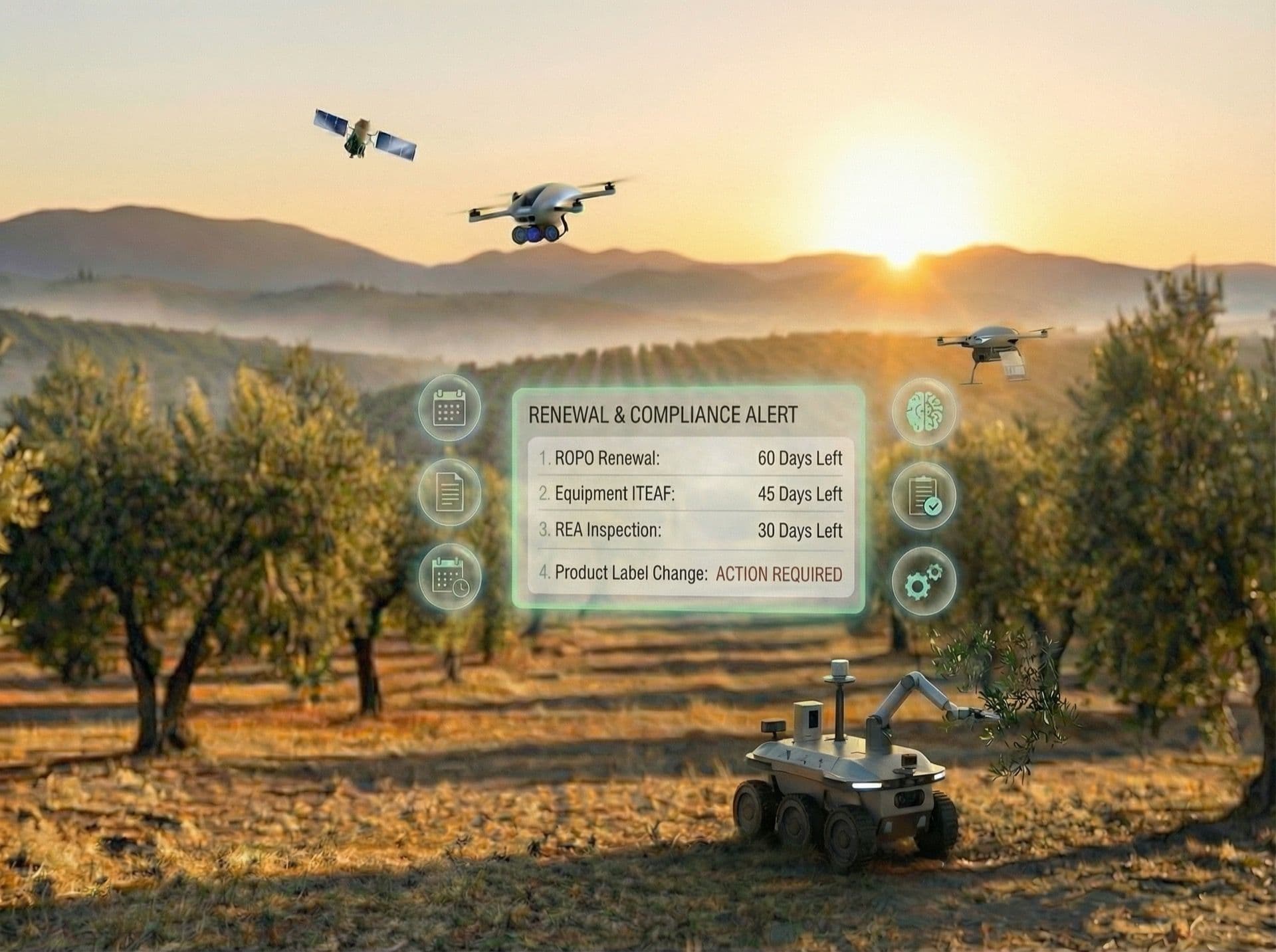 Koru Claw compliance dashboard. Top: 'On track — 0 expiring in next 30 days'. Below: timeline showing every certification on the farm with renewal dates, two amber chips at 60-day mark.