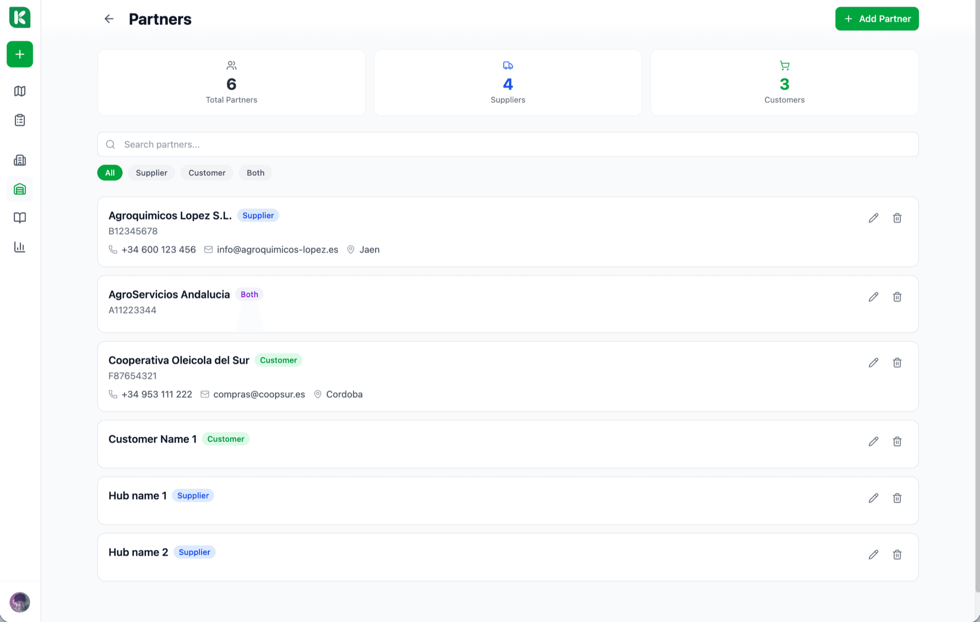 Koru Dist desktop portal. Left sidebar: Catalogue, Orders, Farmers, Reports. Main area: a farmer order in progress with MAPA product autocomplete, dose limits inline, and a 'Push to farmer' button at the bottom.