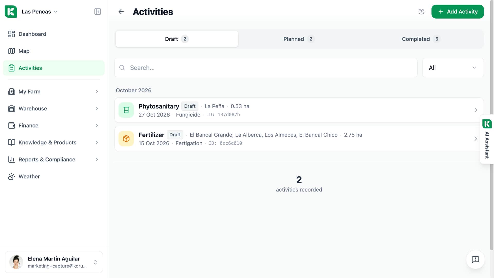 Koru activities page: tabs for draft, planned and completed work and the list of recorded activities.