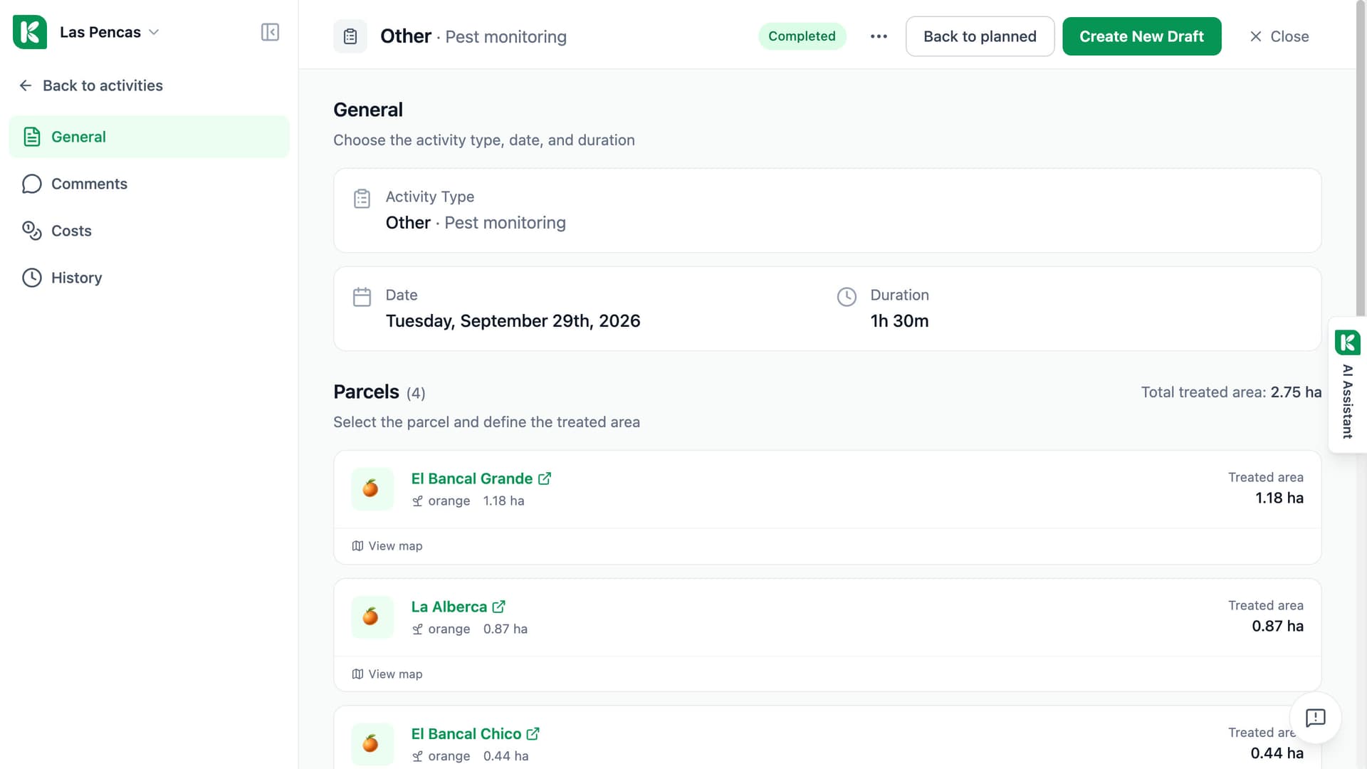 Koru activity page for a completed job: type, date, duration and the parcels it was done on with the treated area.
