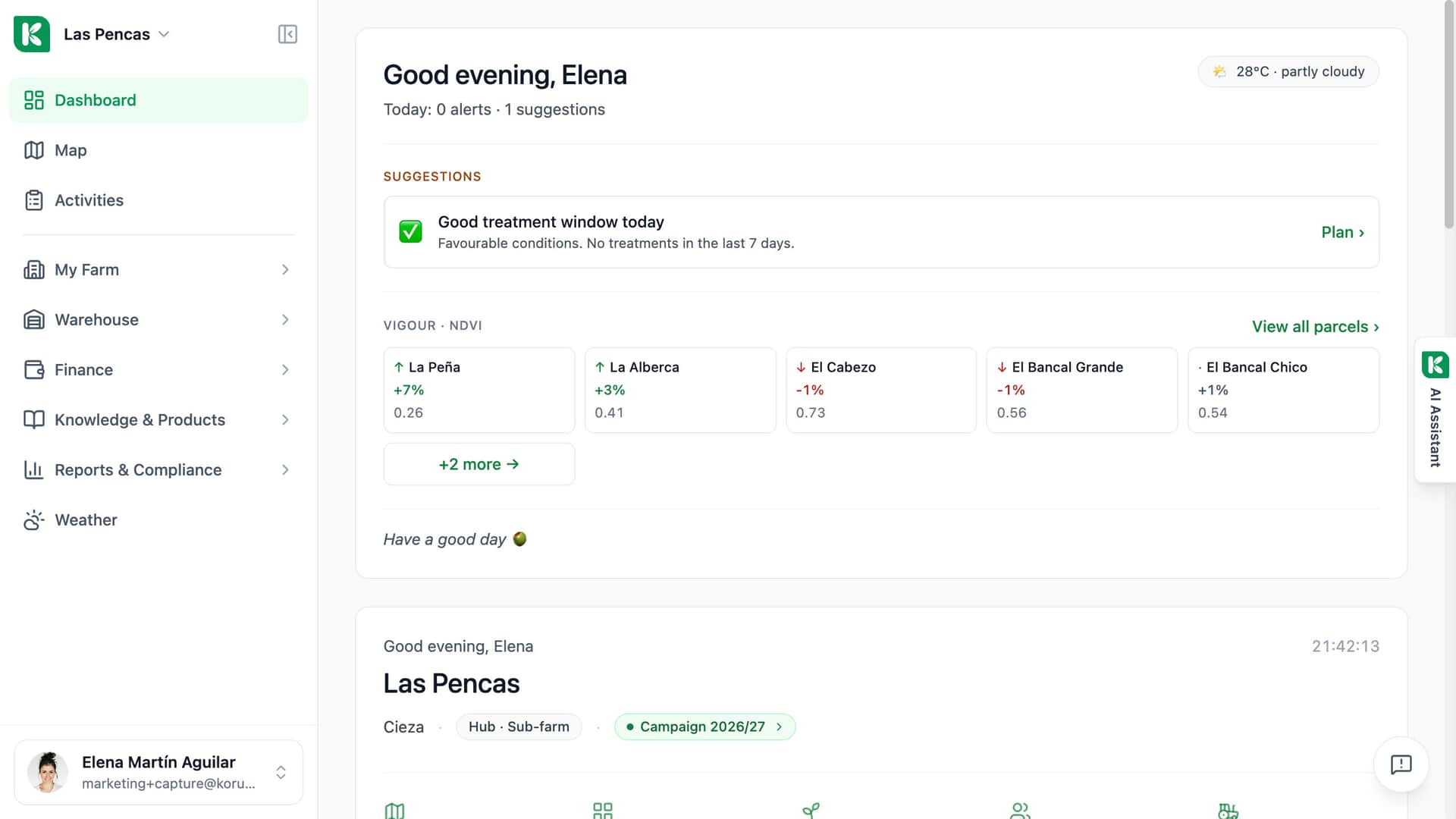 Koru Dashboard with the Daily brief at the top: greeting, today's weather, the count of alerts and suggestions and the list of items.