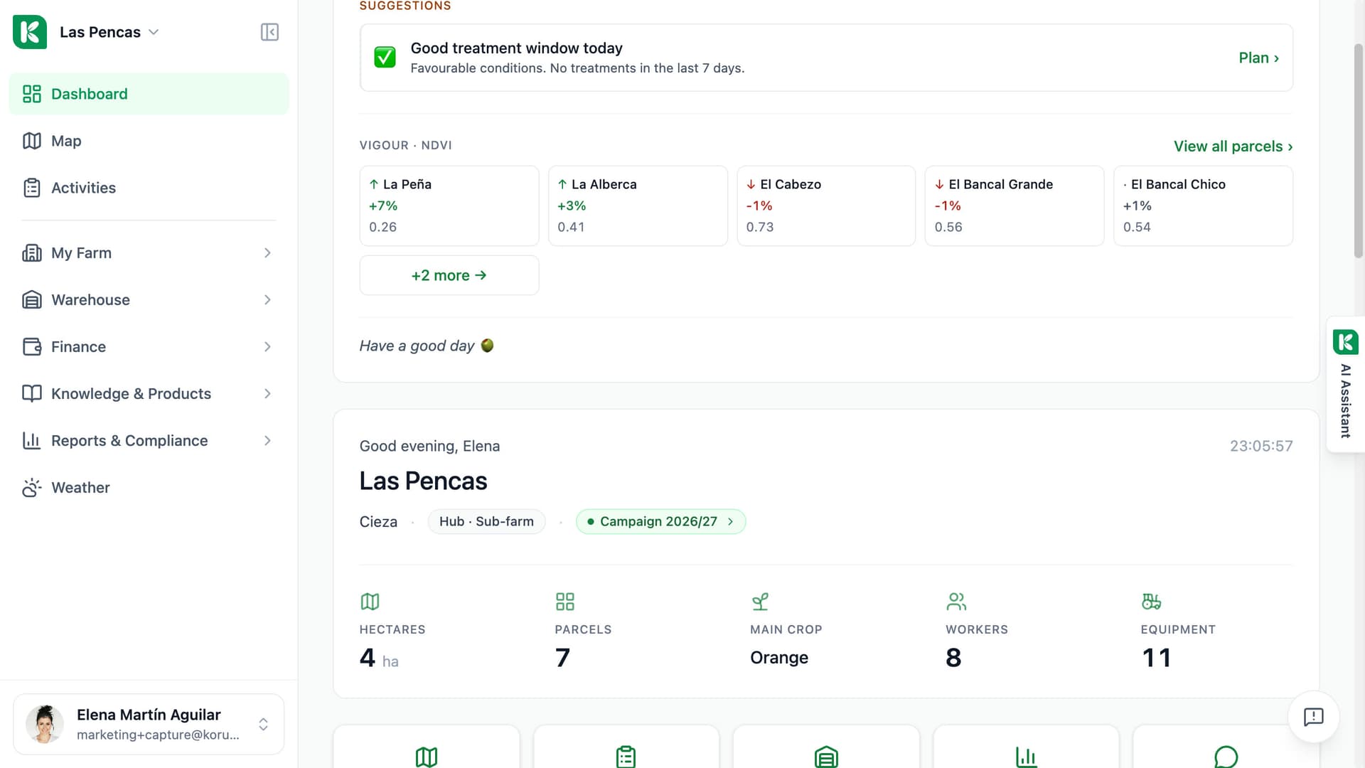 Koru Daily brief on a day with items: the Alerts and Suggestions sections and the Vigour · NDVI grid with one cell per parcel.