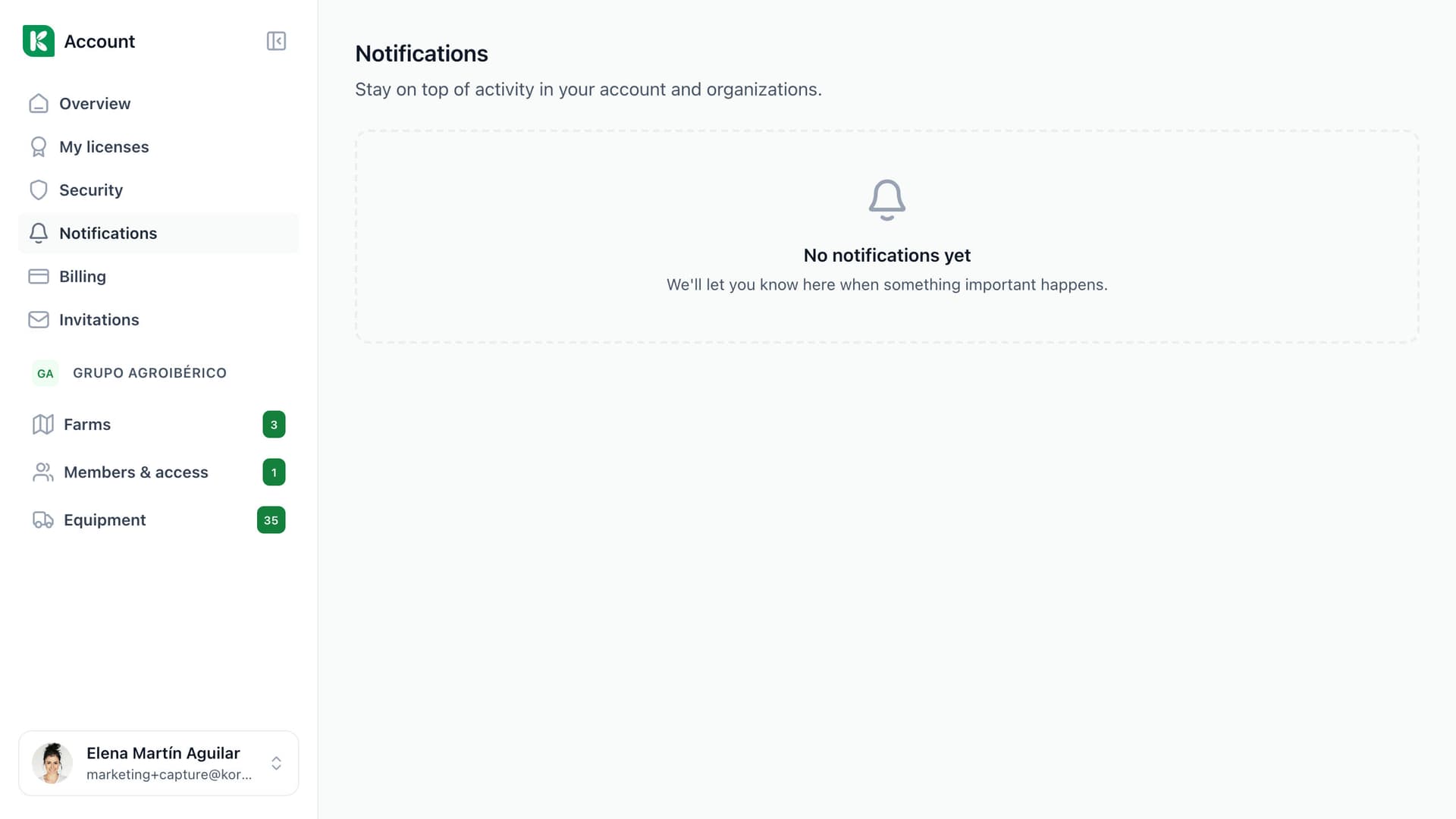 Koru Notifications page in the account, empty: it says there are no notifications yet.