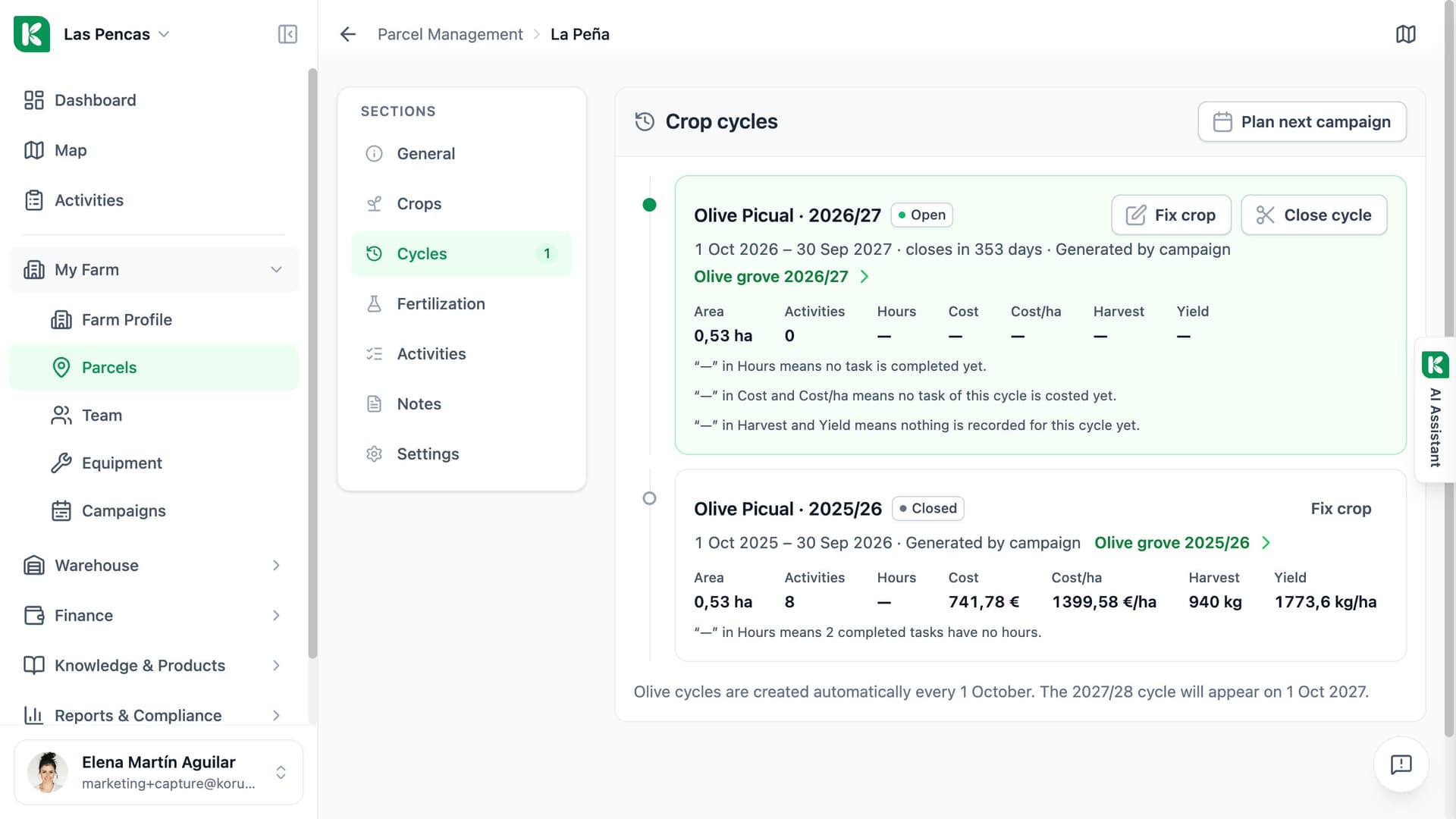 Koru parcel page on the Cycles tab: the crop cycles of the parcel with status, dates, area, hours and yield.