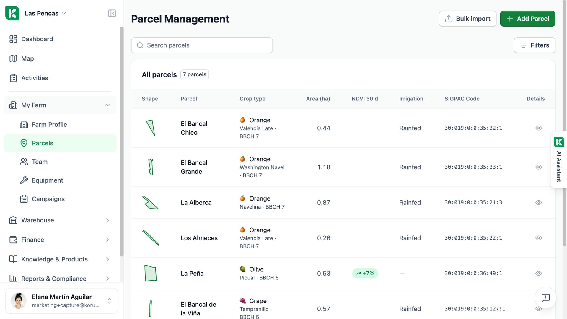 Koru parcel list: the Crop type column shows each parcel's species, variety and last recorded BBCH stage.