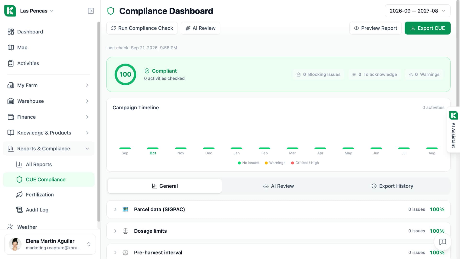 Koru compliance dashboard for one campaign: the score, the campaign timeline and the actions to run the check, preview the report and export the CUE.