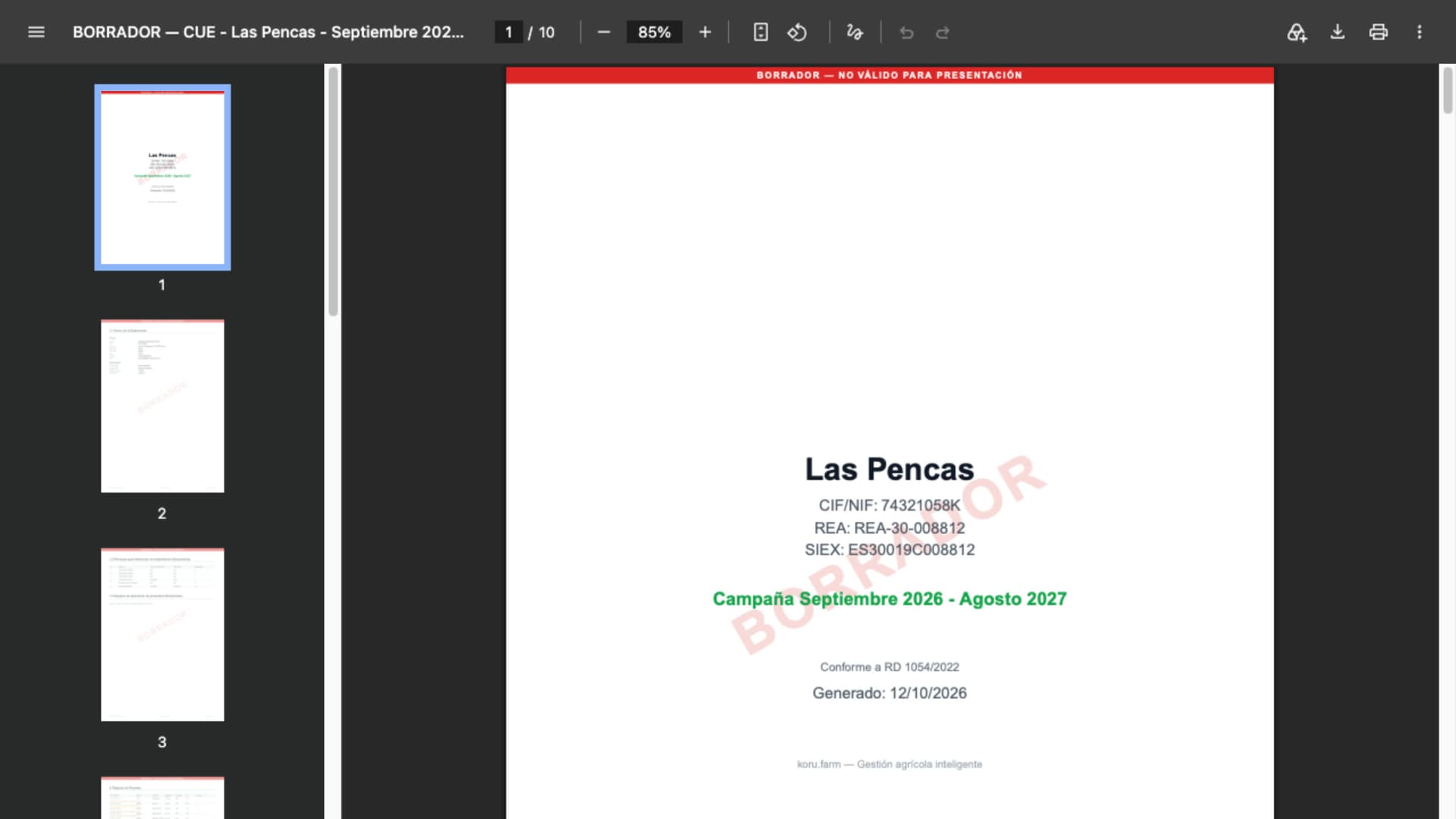 Draft of the Cuaderno de Explotación for Las Pencas opened as a PDF: the cover page of a ten-page document, marked as a draft.