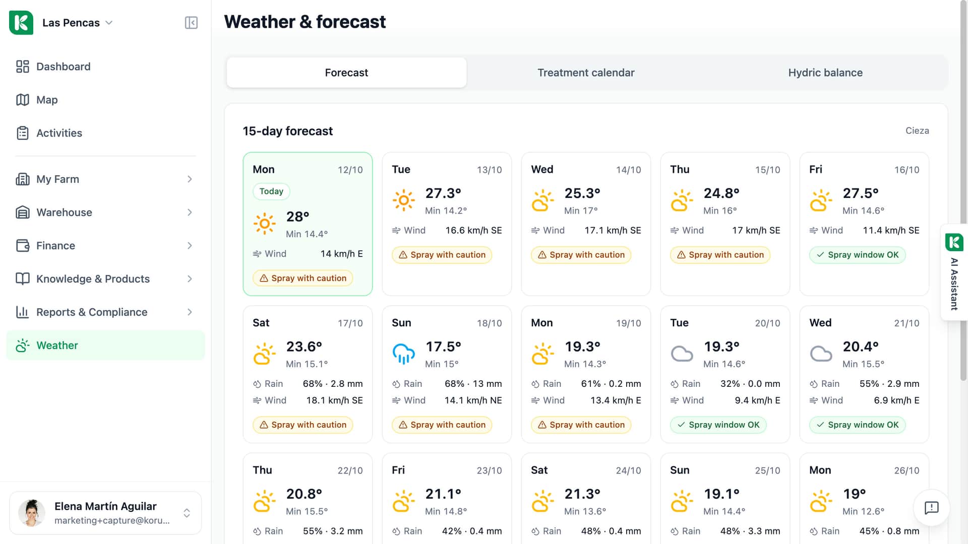 Koru weather page: the 15-day forecast with a spray-window verdict for each day.