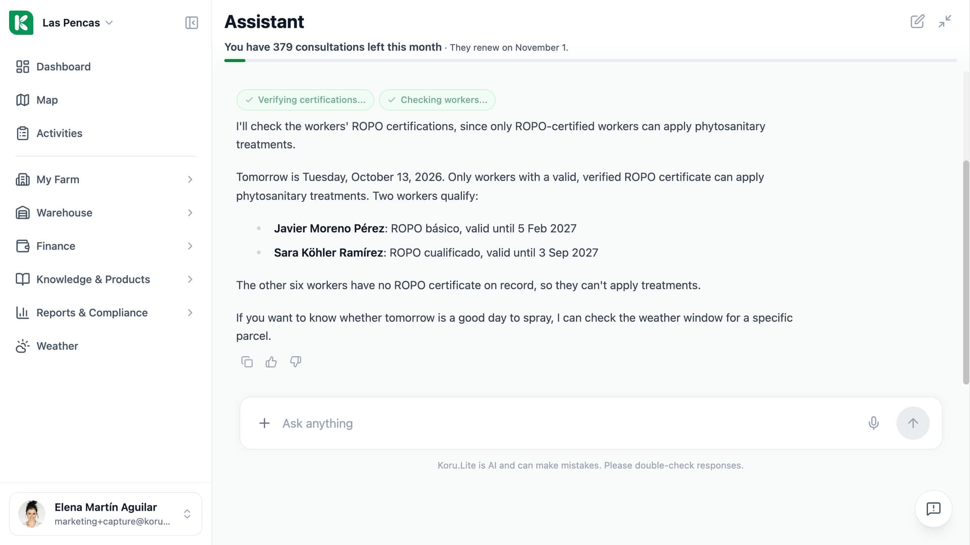 Koru assistant answering who can apply treatments tomorrow: the workers with a valid ROPO licence and its expiry dates.