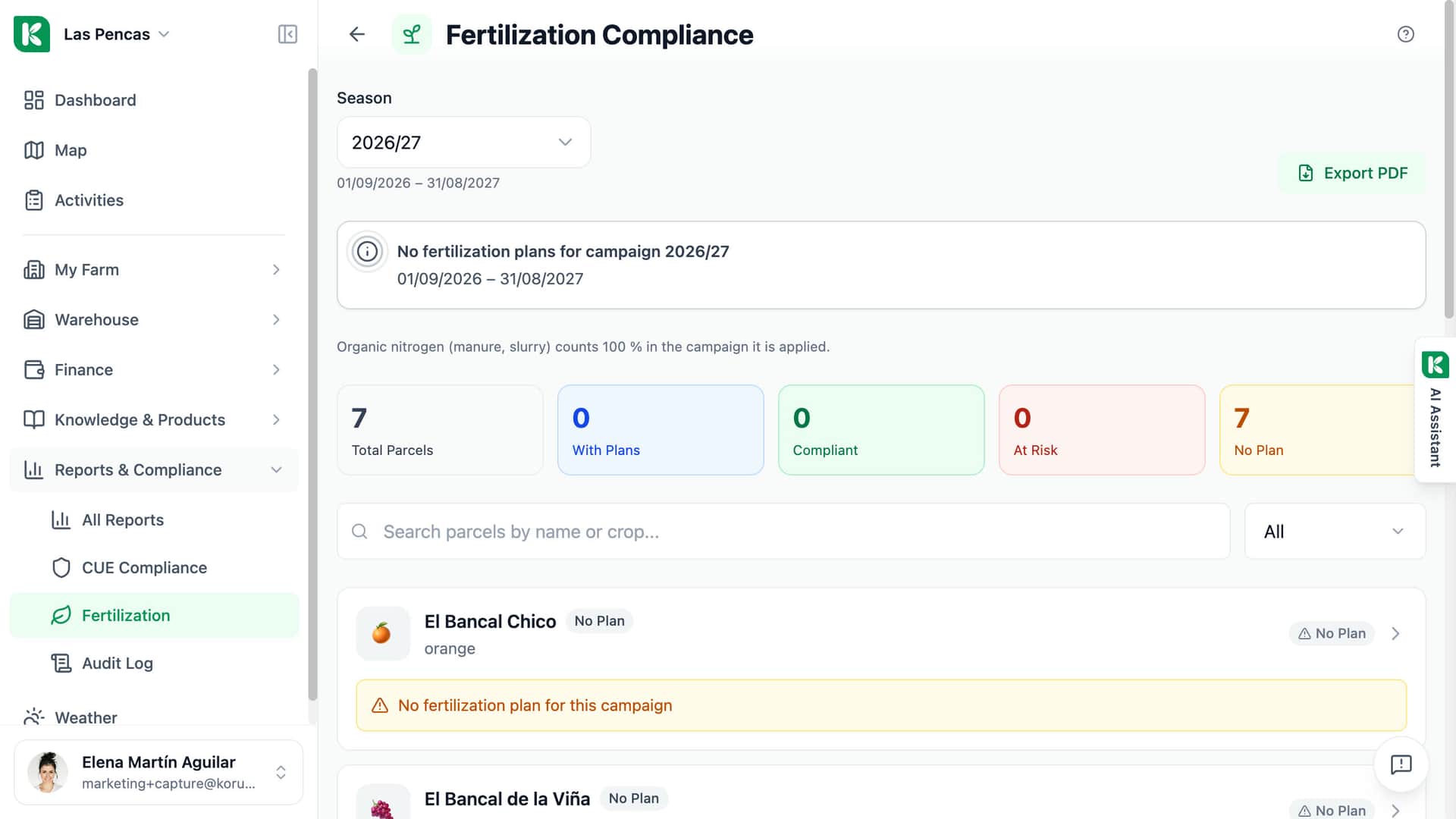 Koru fertilisation compliance: the campaign's parcels counted by plan status, and the list of parcels.