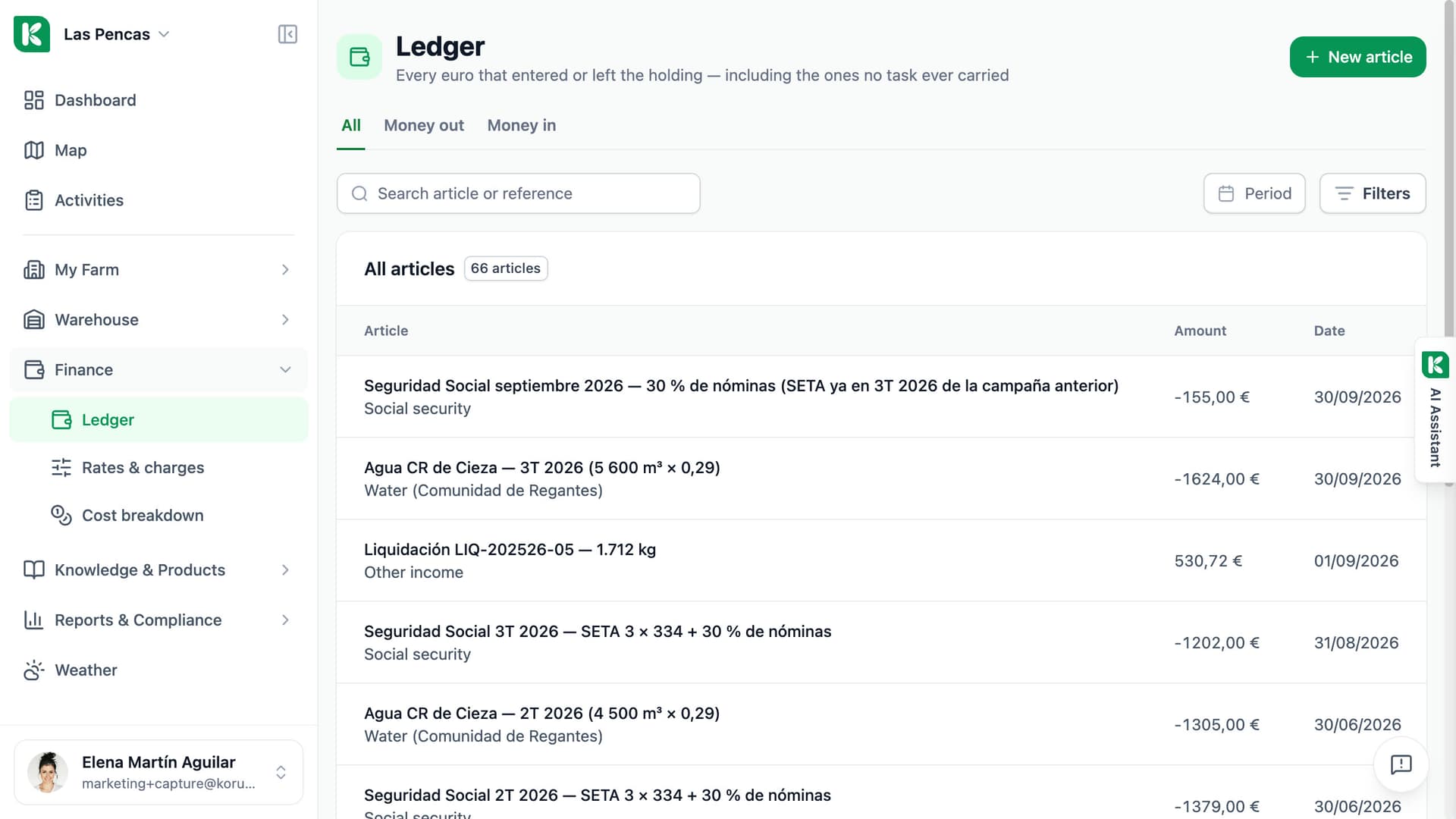Koru Ledger page: income and expense articles with date, category, what each is attached to and amount.