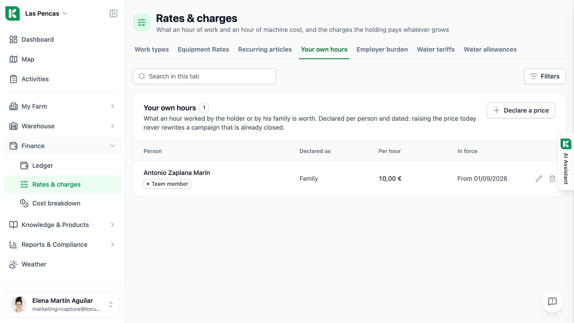 Koru Rates & charges page, Your own hours tab: the price of an hour per person with the date it is in force from.
