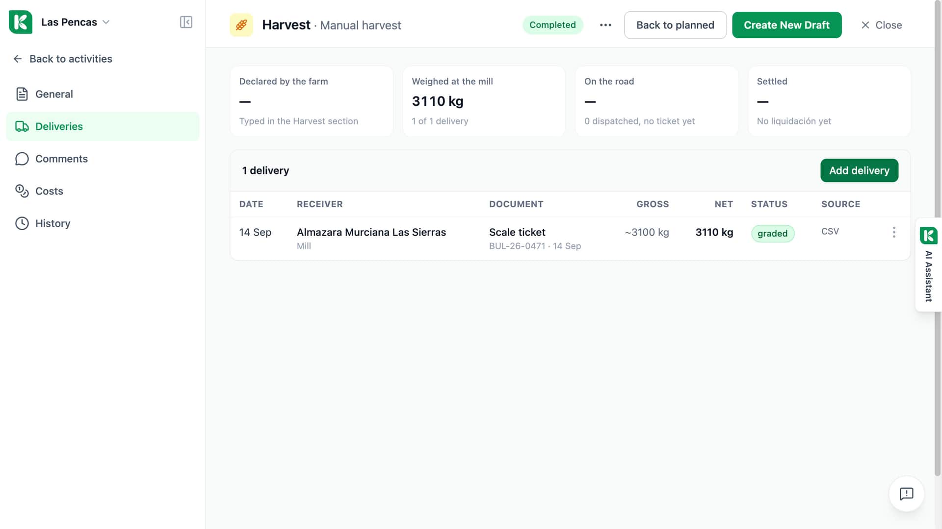 Koru harvest activity on the Deliveries tab: totals declared by the farm, on the road and weighed at the mill, above the list of deliveries with receiver, document, gross and net weight and status.