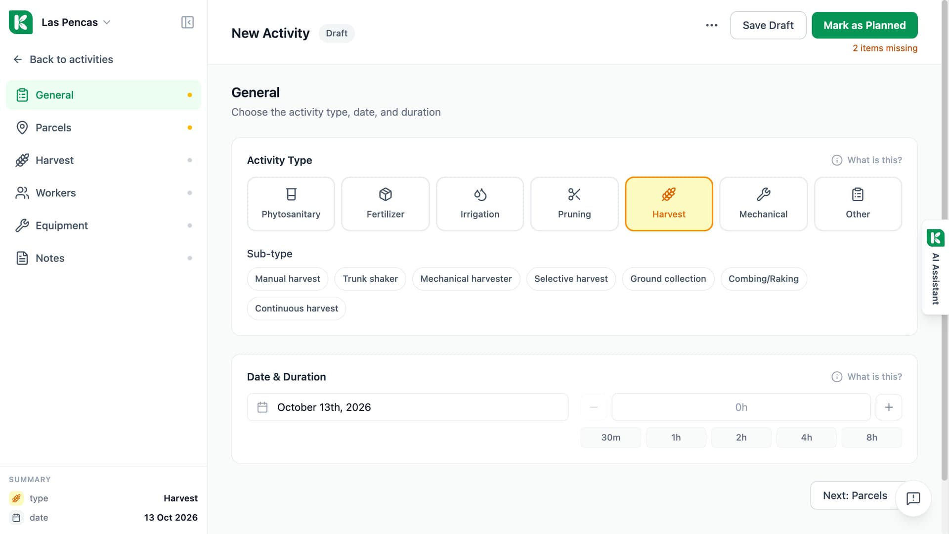 Koru new activity form with the type Harvest chosen: the harvest sub-types — manual, trunk shaker, mechanical harvester — and the sections for parcels, harvest, workers and equipment.