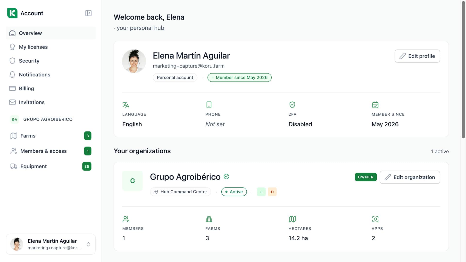 Koru account overview: the user's profile and their organisation with its members, farms, hectares and apps.