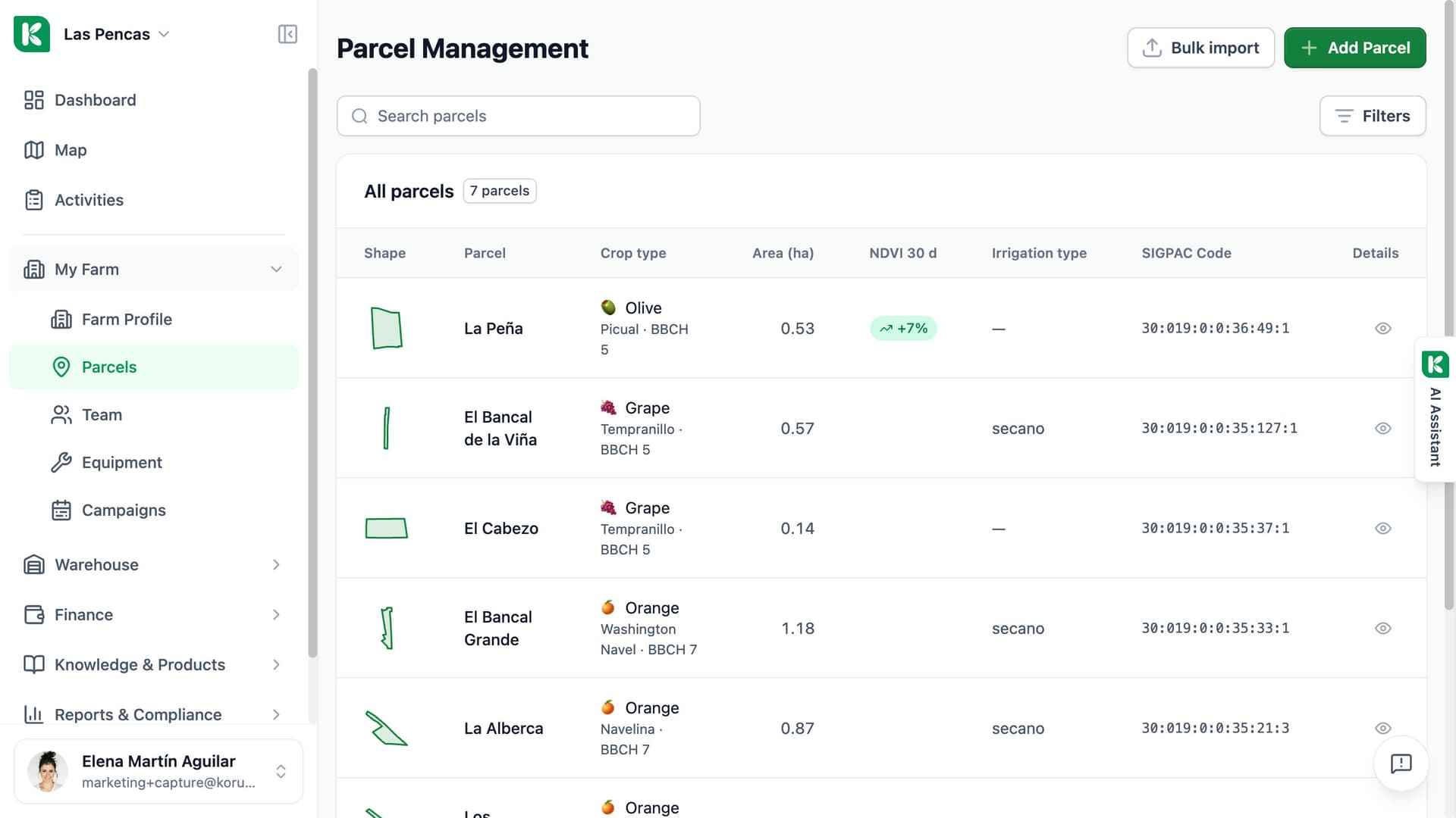 Koru parcel list: each parcel with its crop, area, vegetation index and SIGPAC code, and the Bulk import action.