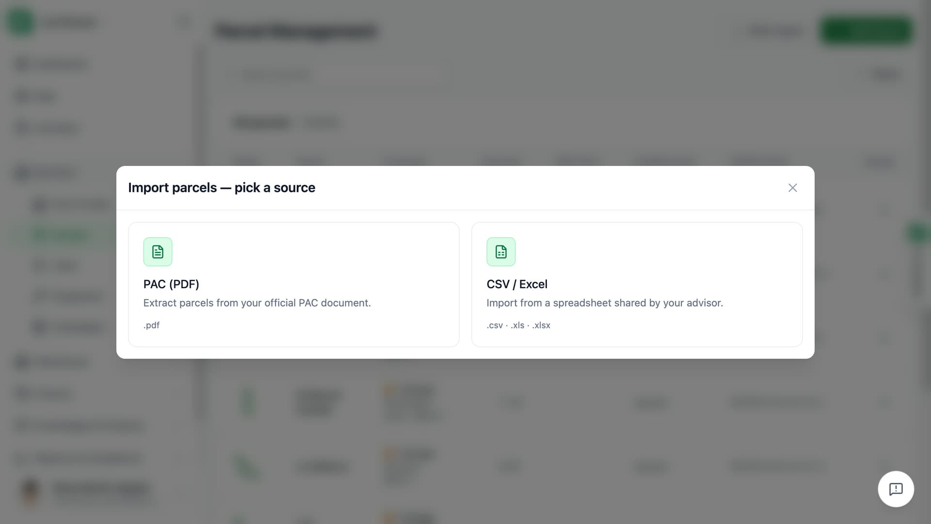 Koru parcel import: the dialog to pick a source — a PAC PDF or a CSV / Excel file.