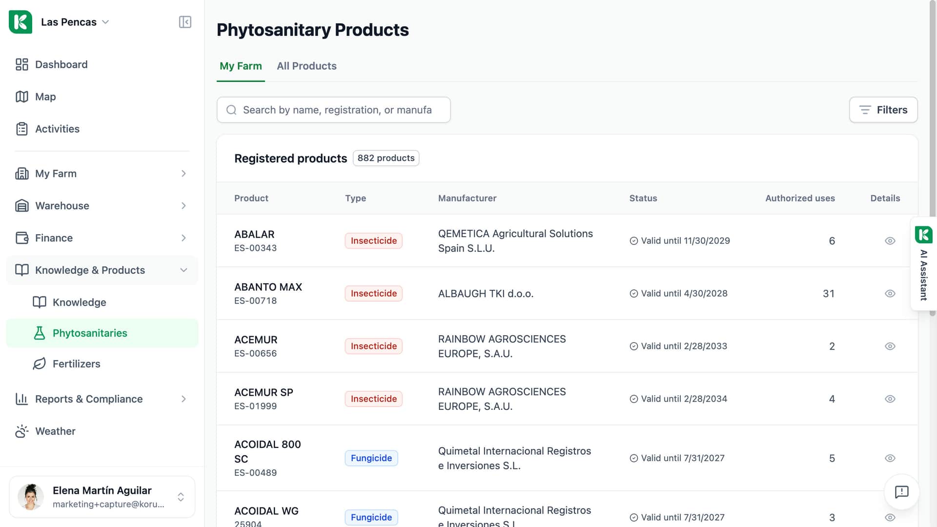 Koru phytosanitary register: products with type, manufacturer, authorisation validity and number of authorised uses.