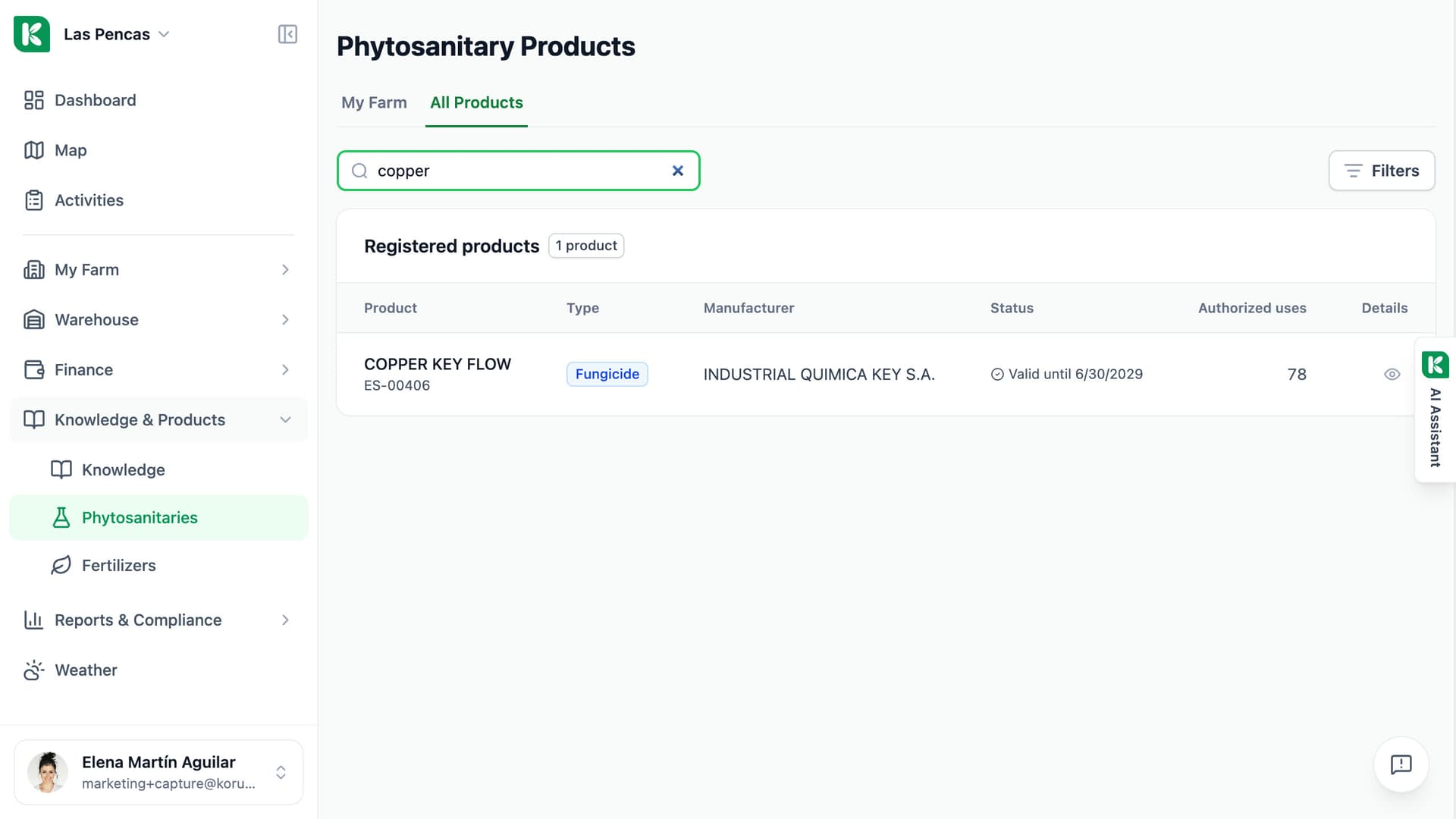 Koru phytosanitary register searched for a copper product across all registered products.