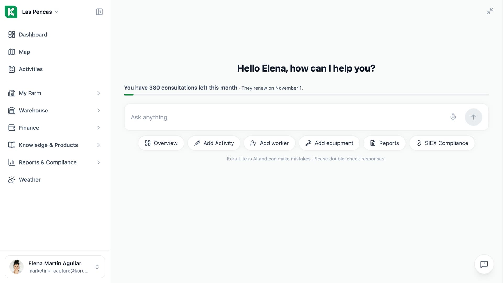 Koru assistant start screen: a question box with a microphone button and shortcuts for common requests.