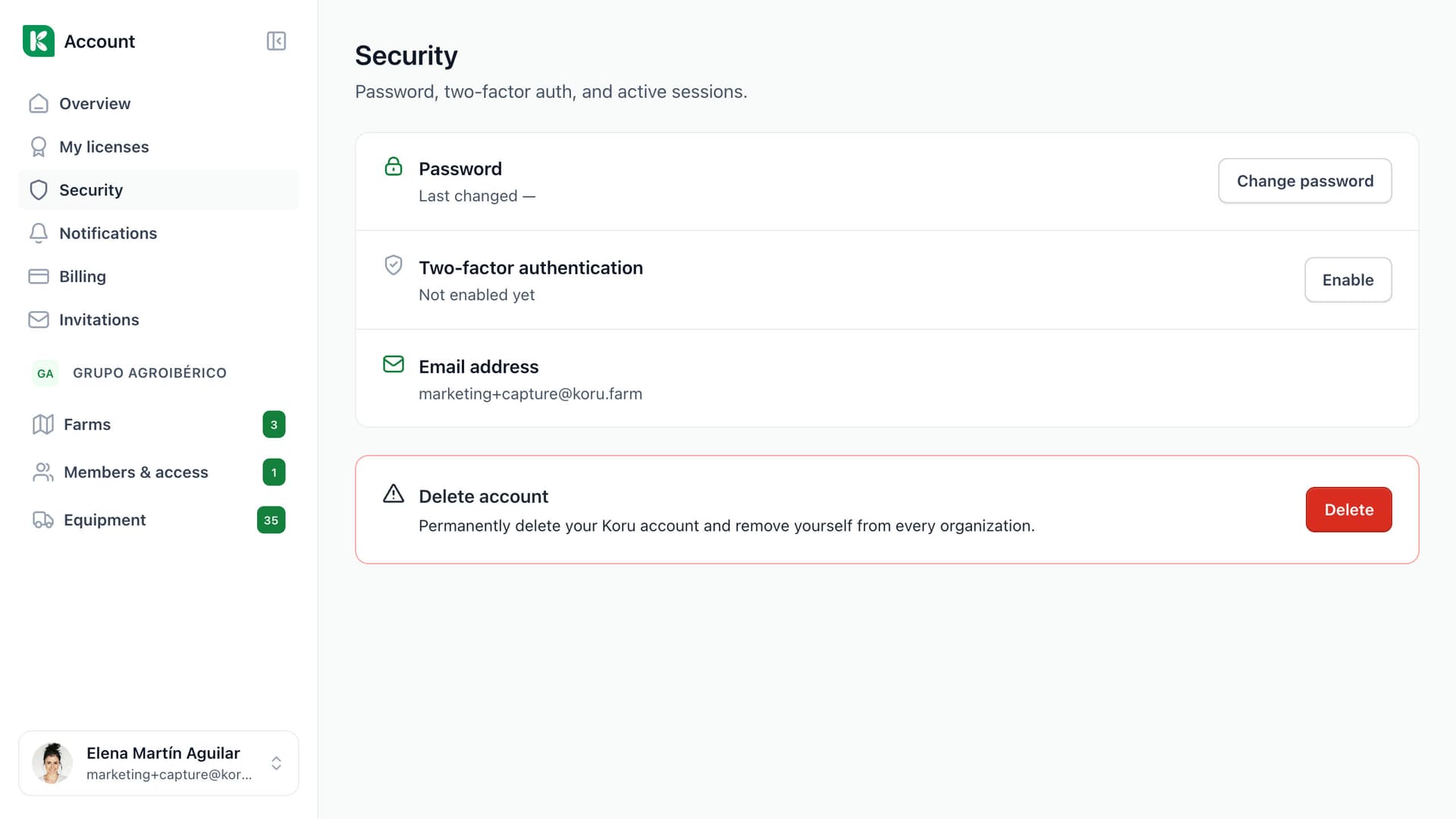 Koru account security page: password, two-factor authentication and e-mail address.