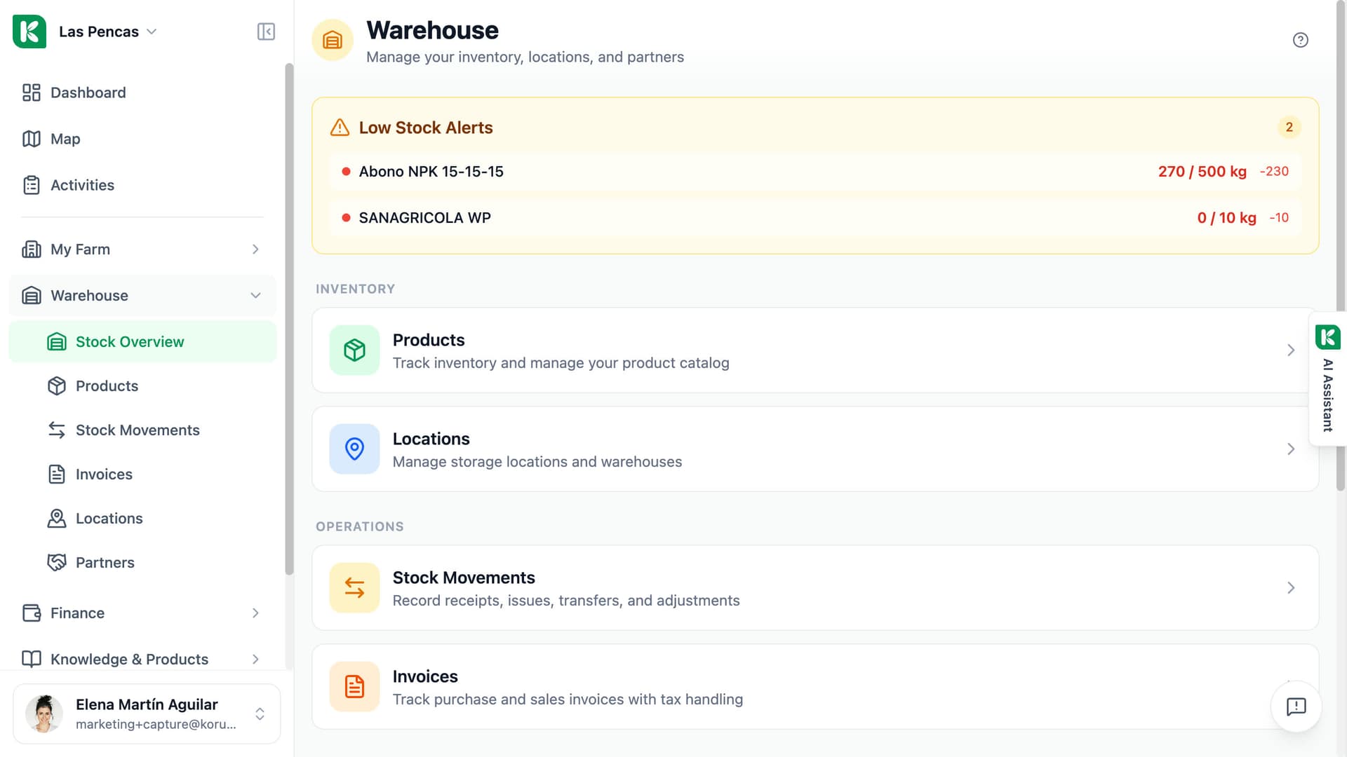 Koru warehouse overview: low-stock alerts and links to products, locations, movements and invoices.