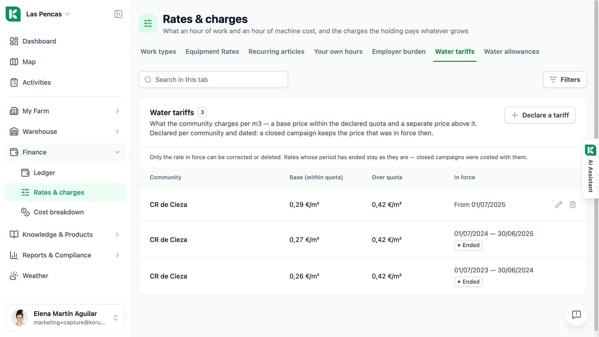 Koru Rates & charges page, Water tariffs tab: the price per cubic metre within the quota and above it, with the date each tariff is in force from.
