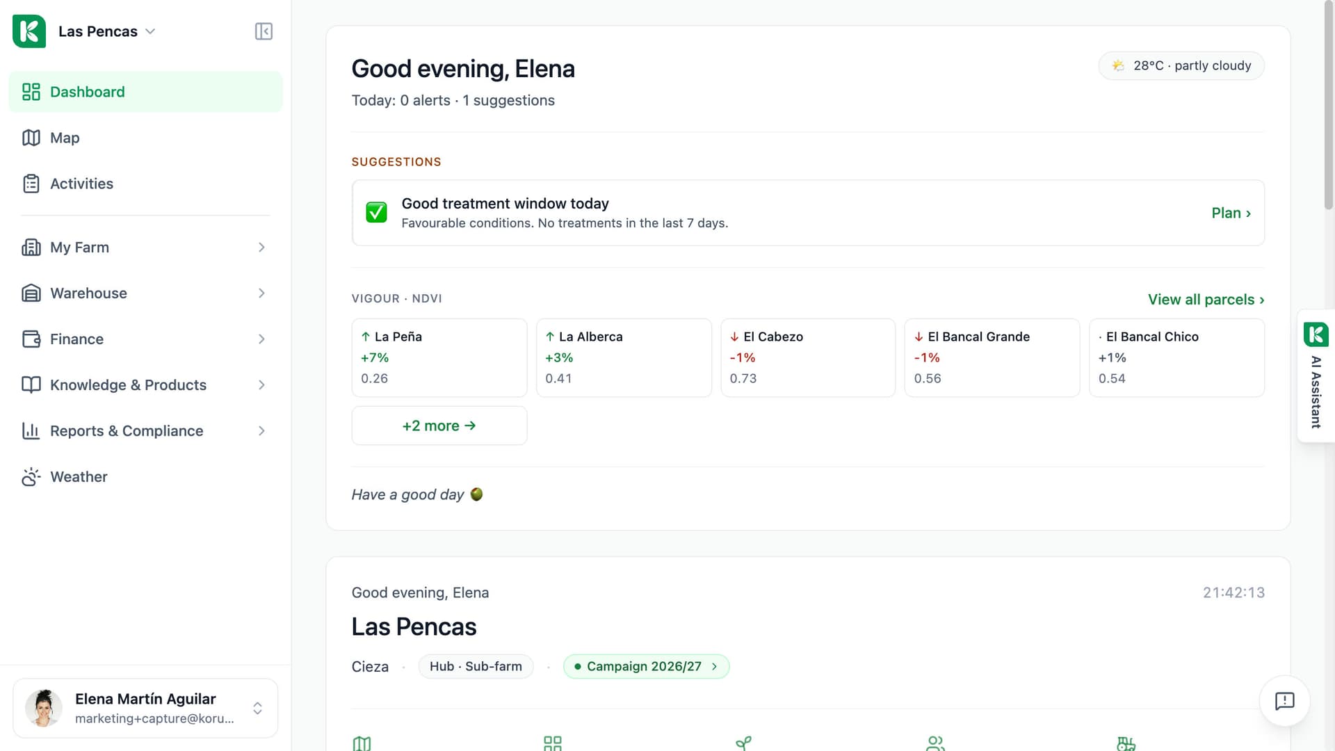 Koru dashboard: today's weather, the suggestion that today is a good treatment window, and vegetation vigour per parcel.