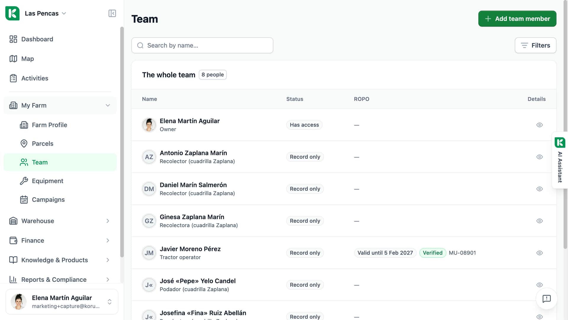 Koru team page: the farm's people with their role, access and ROPO licence status.