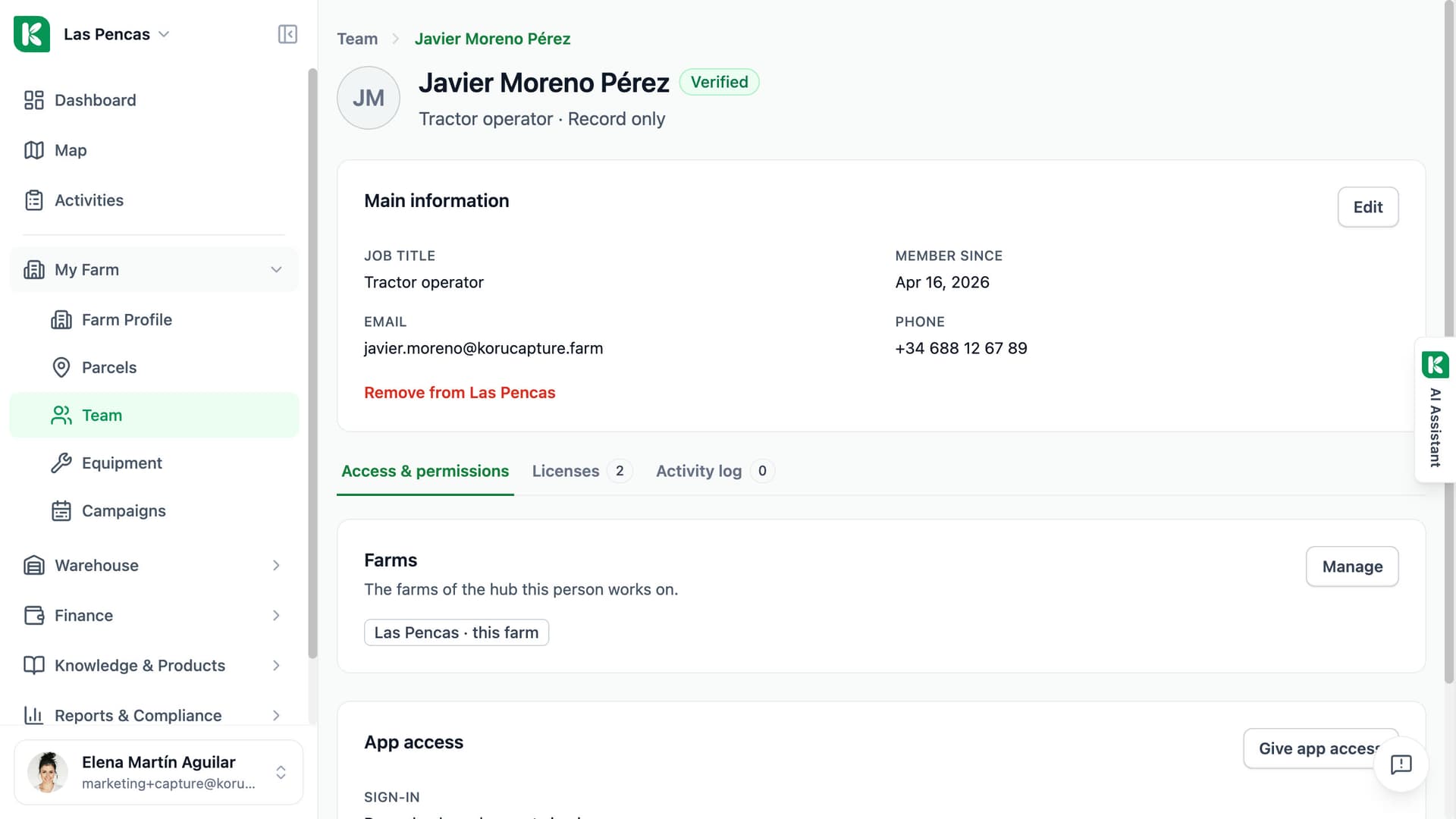 Koru page of one team member: contact details, farms, licences and app access.