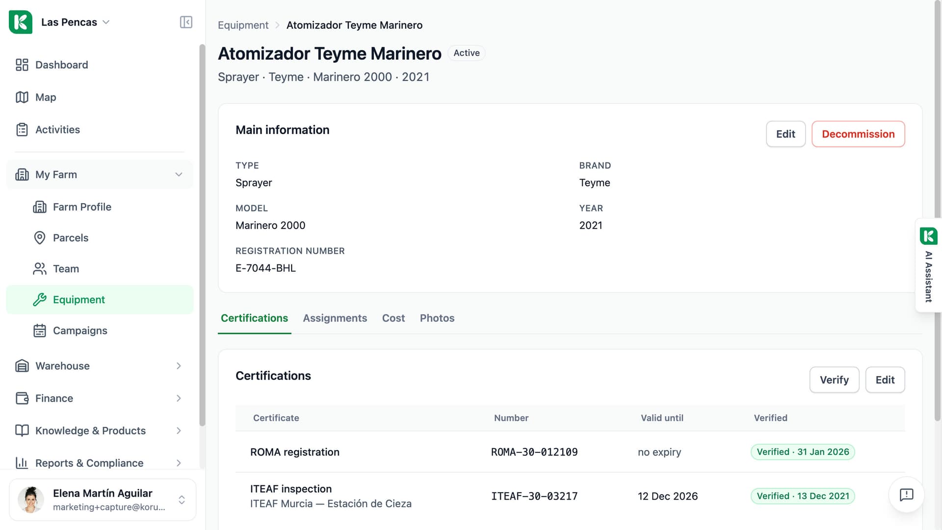 Koru equipment page for a sprayer: model and registration, with its ROMA registration and ITEAF inspection dates.