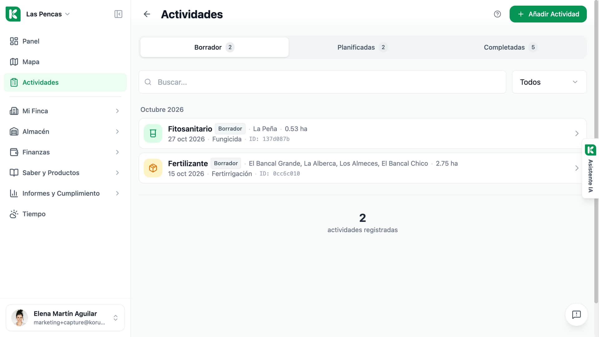 Página de actividades de Koru: pestañas de borradores, planificadas y completadas y la lista de actividades registradas.