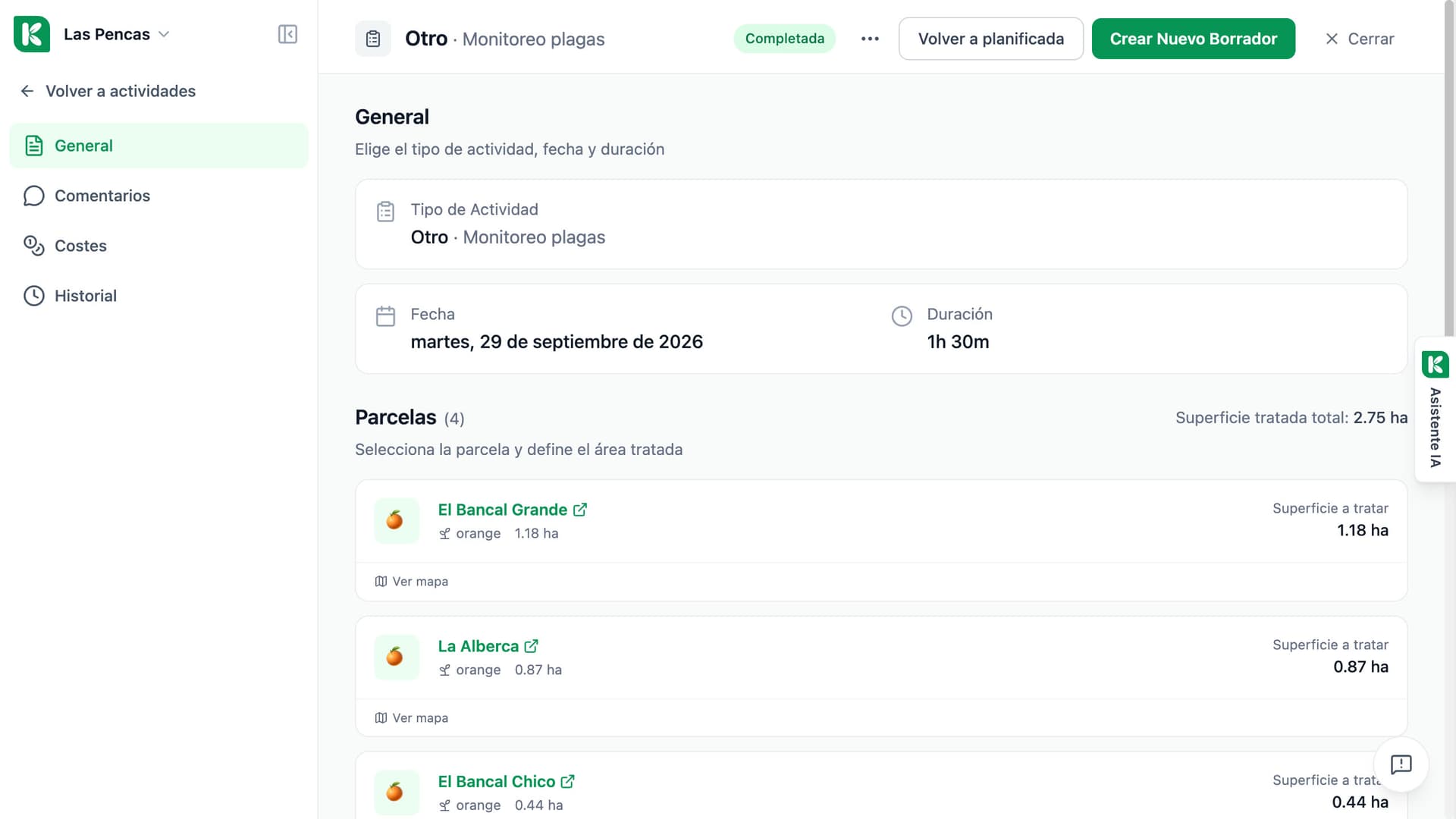 Ficha de una actividad completada en Koru: tipo, fecha, duración y las parcelas donde se hizo con la superficie tratada.