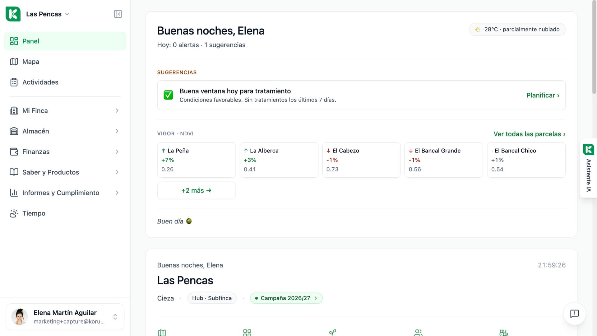 Panel de Koru con el Resumen diario arriba: saludo, tiempo de hoy, número de alertas y sugerencias y la lista de puntos.