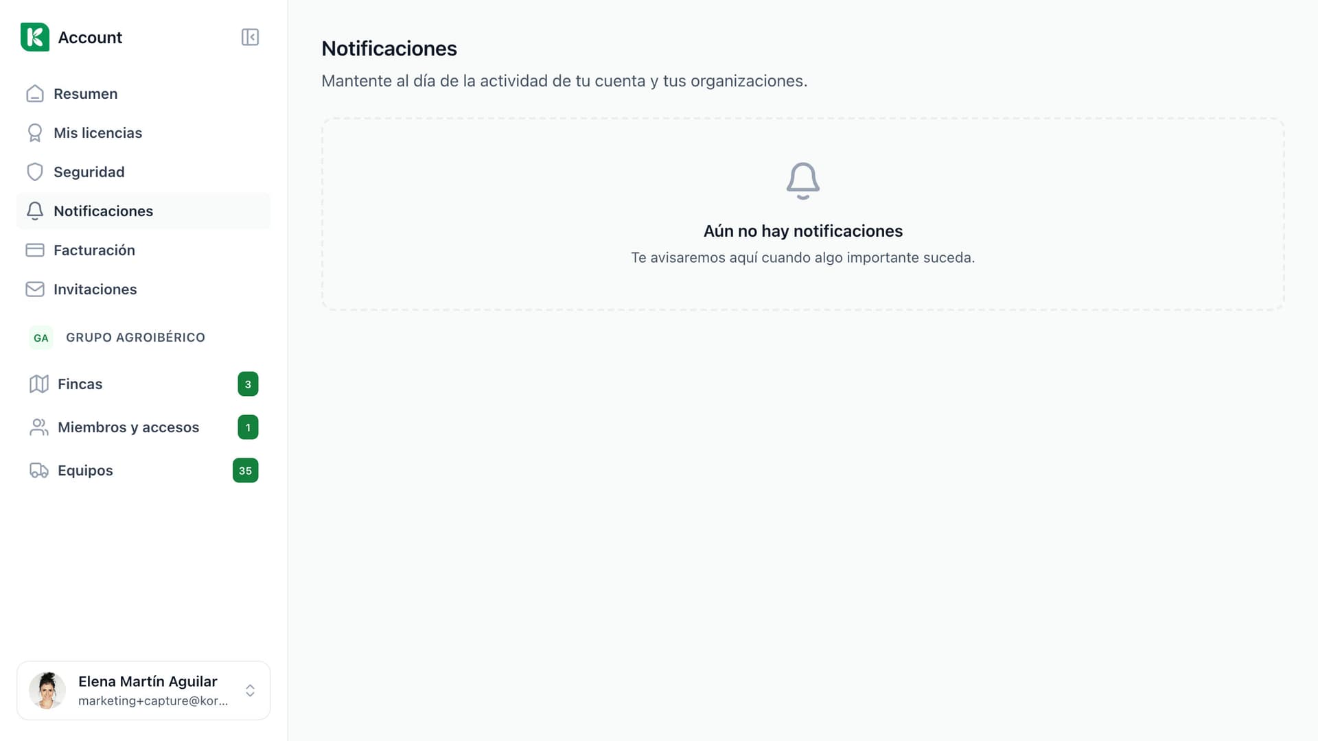 Página de Notificaciones de la cuenta en Koru, vacía: indica que todavía no hay notificaciones.