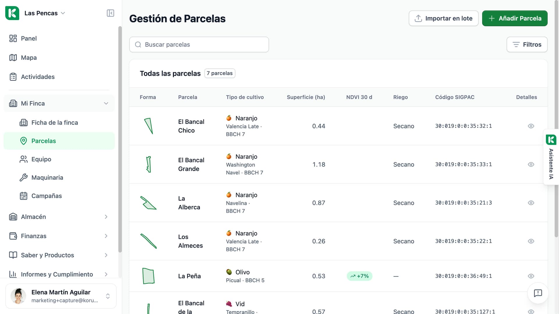 Lista de parcelas en Koru: la columna Tipo de cultivo muestra la especie, la variedad y el último estado BBCH anotado de cada parcela.