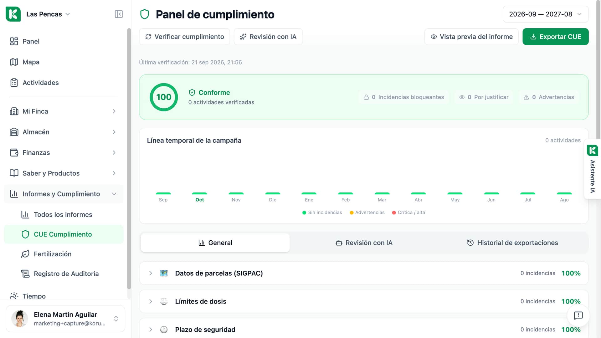 Panel de cumplimiento de Koru para una campaña: la puntuación, la línea temporal y las acciones para verificar, previsualizar el informe y exportar el CUE.