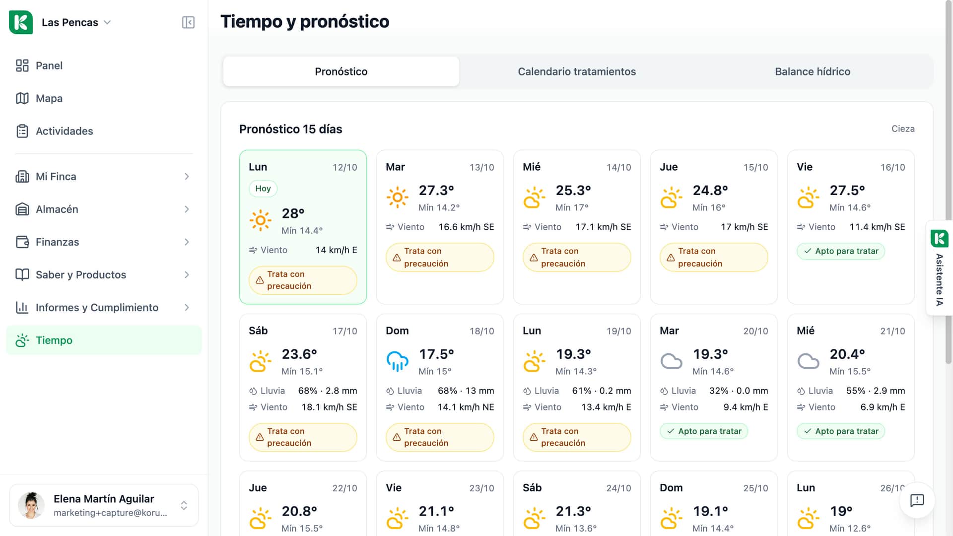 Página de tiempo de Koru: la previsión a 15 días con el veredicto de ventana de tratamiento para cada día.