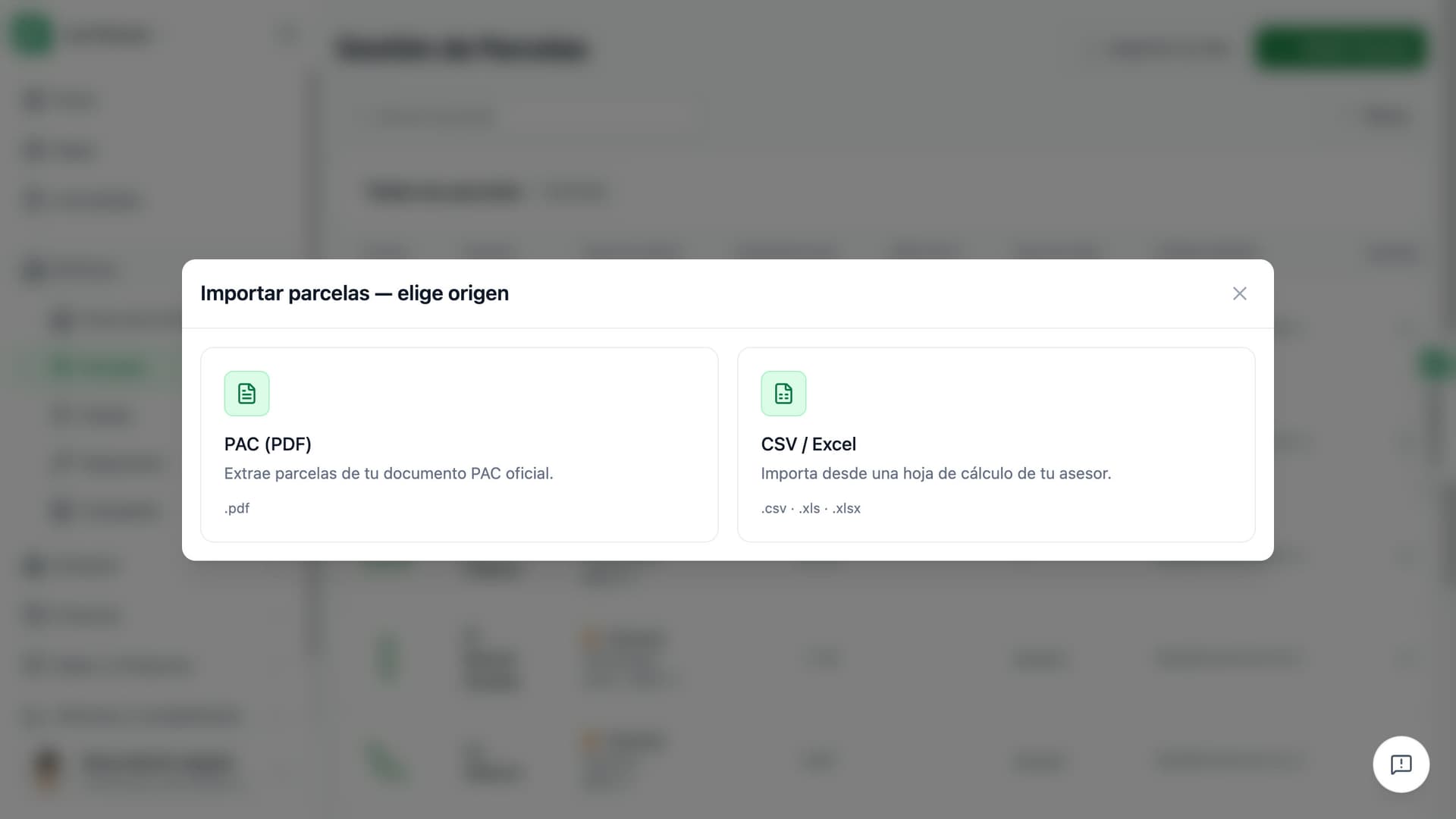 Importación de parcelas en Koru: el diálogo para elegir el origen — un PDF de la PAC o un archivo CSV / Excel.
