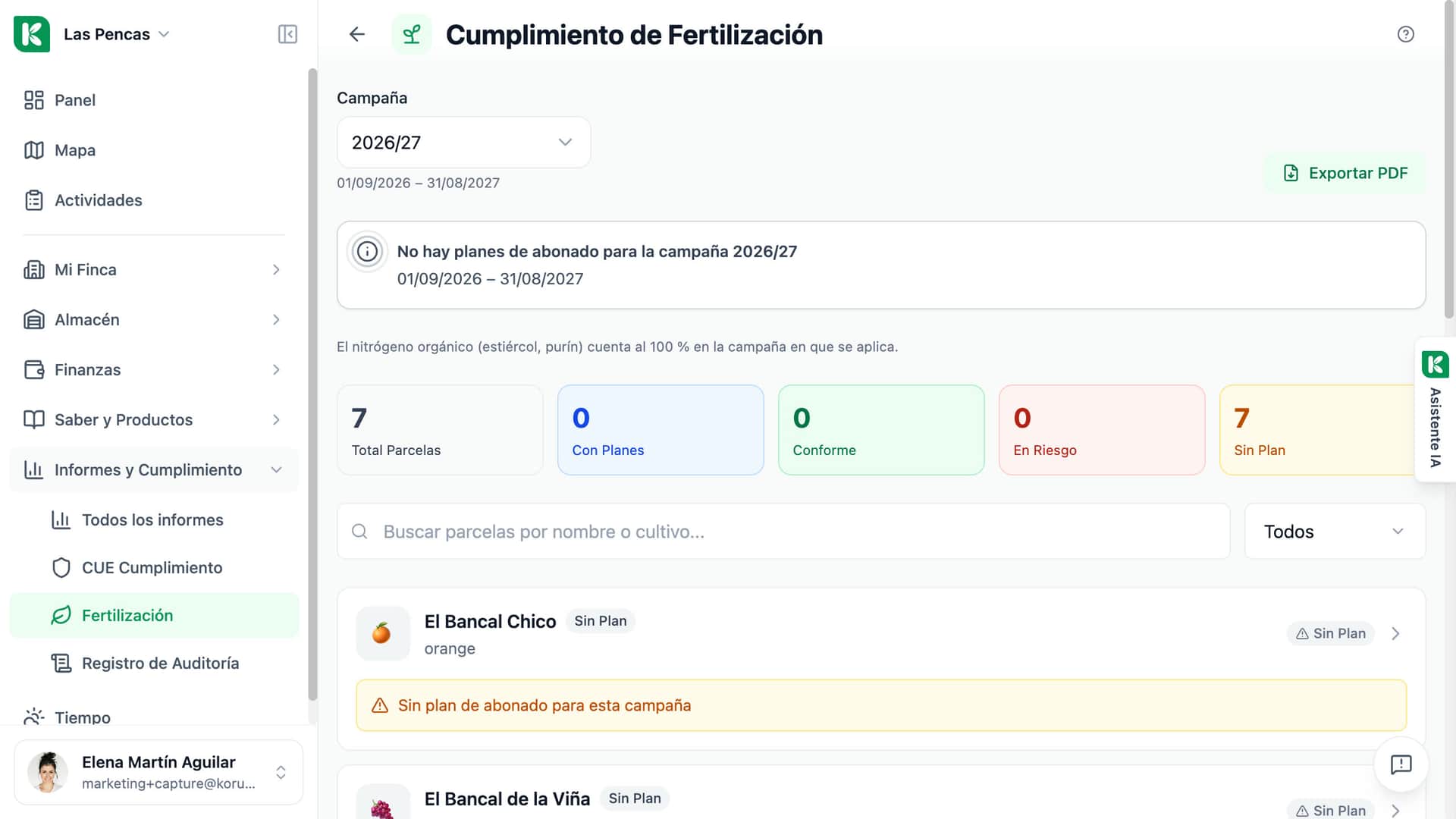 Cumplimiento de fertilización en Koru: las parcelas de la campaña contadas por estado del plan y la lista de parcelas.