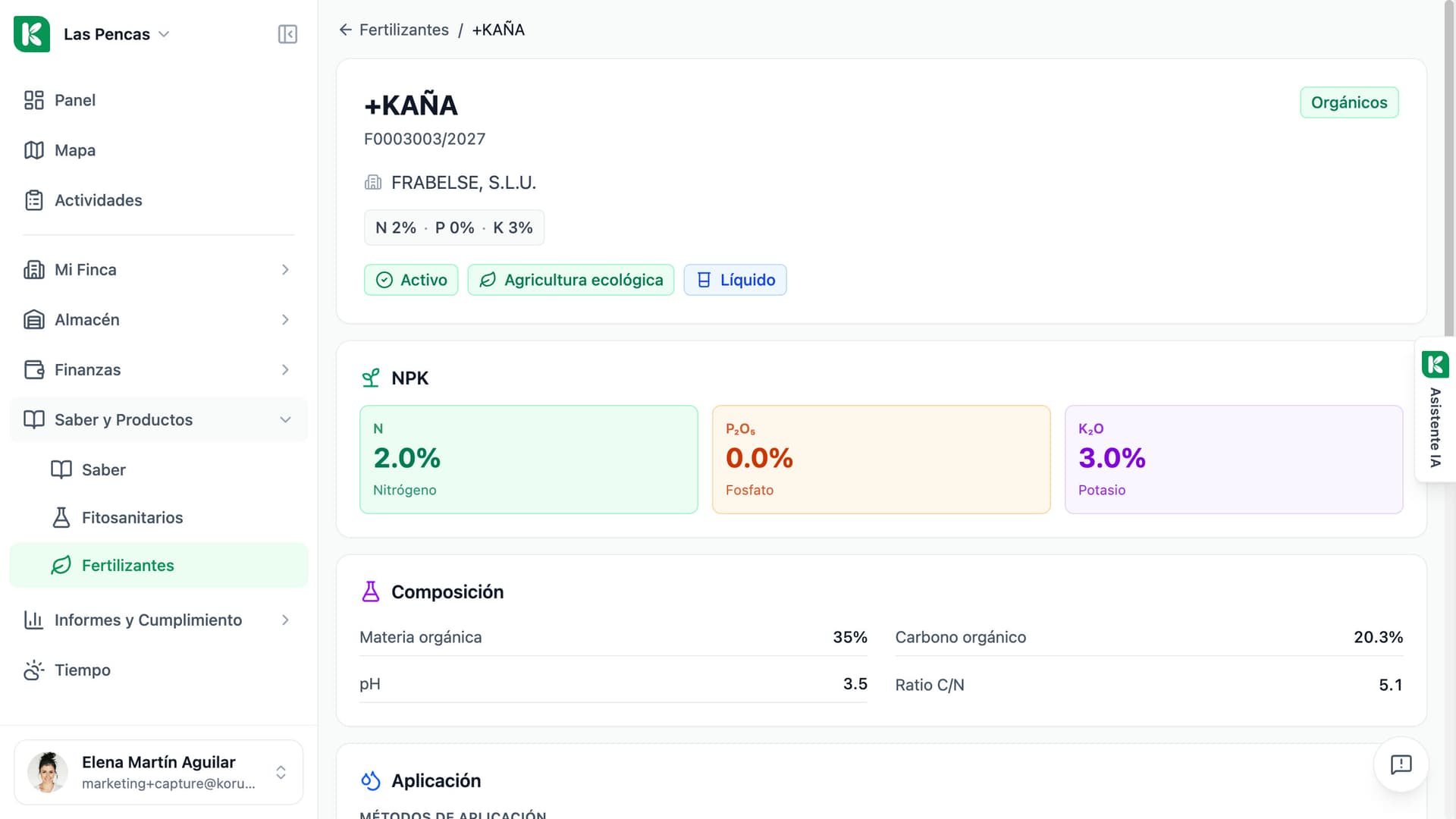 Ficha de un fertilizante en Koru: contenido de N, P y K, composición y métodos de aplicación.
