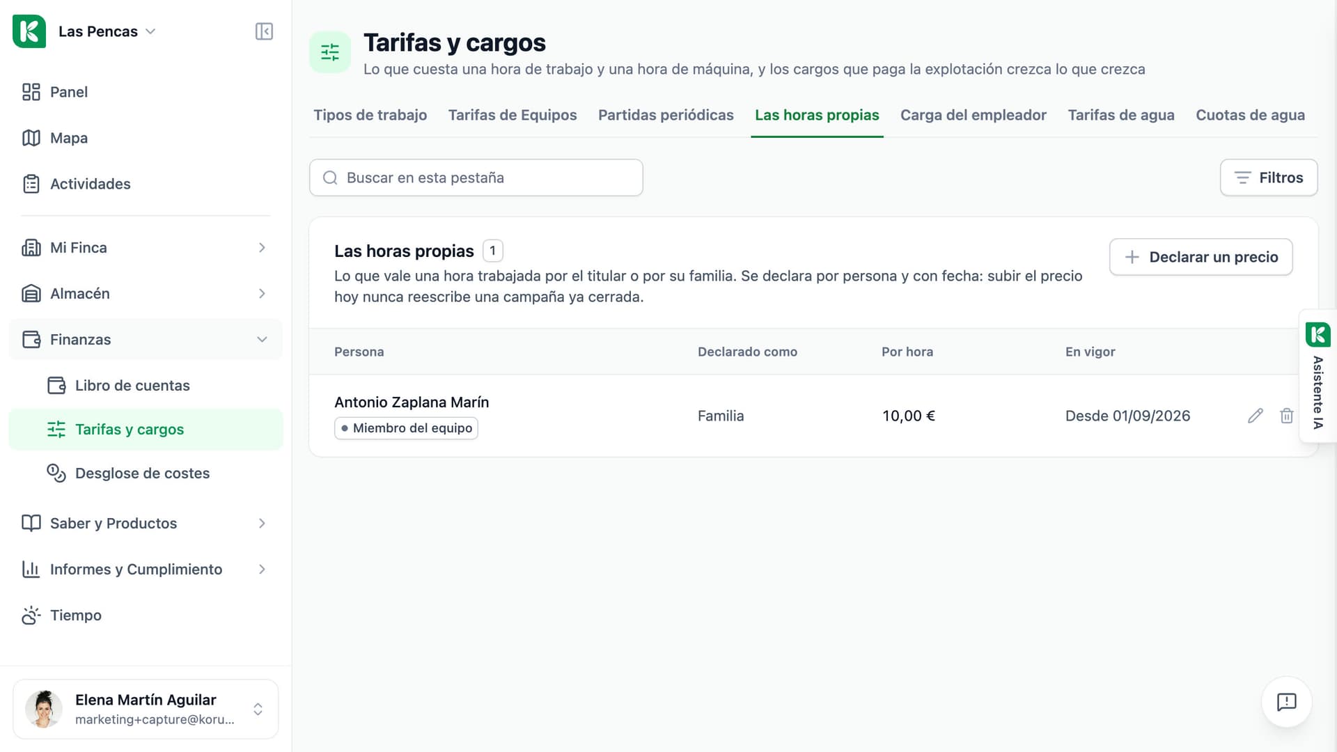 Página Tarifas y cargos de Koru, pestaña Las horas propias: el precio de la hora por persona con la fecha desde la que rige.