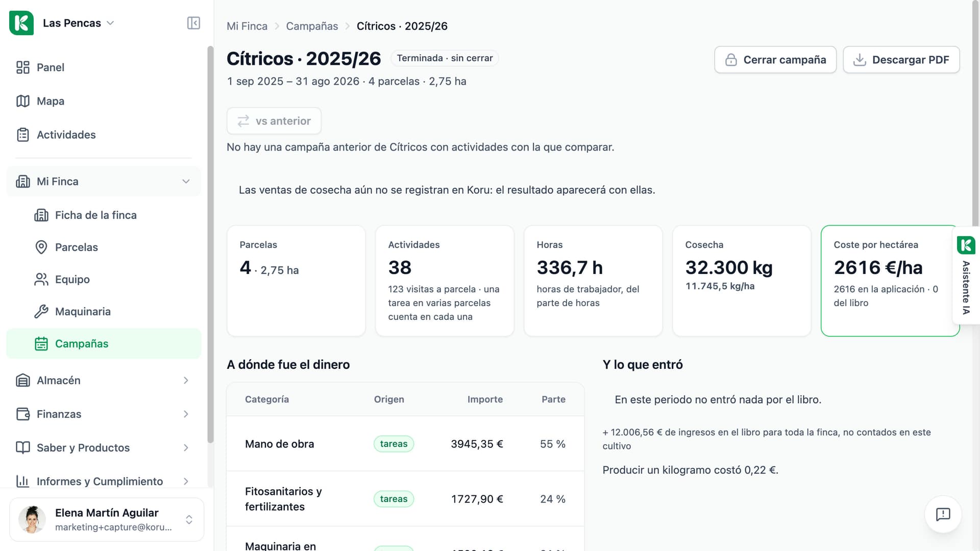 Página de la campaña de cítricos 2025/26 en Koru: parcelas, actividades, horas, los kilos cosechados con el rendimiento por hectárea y el coste por hectárea.
