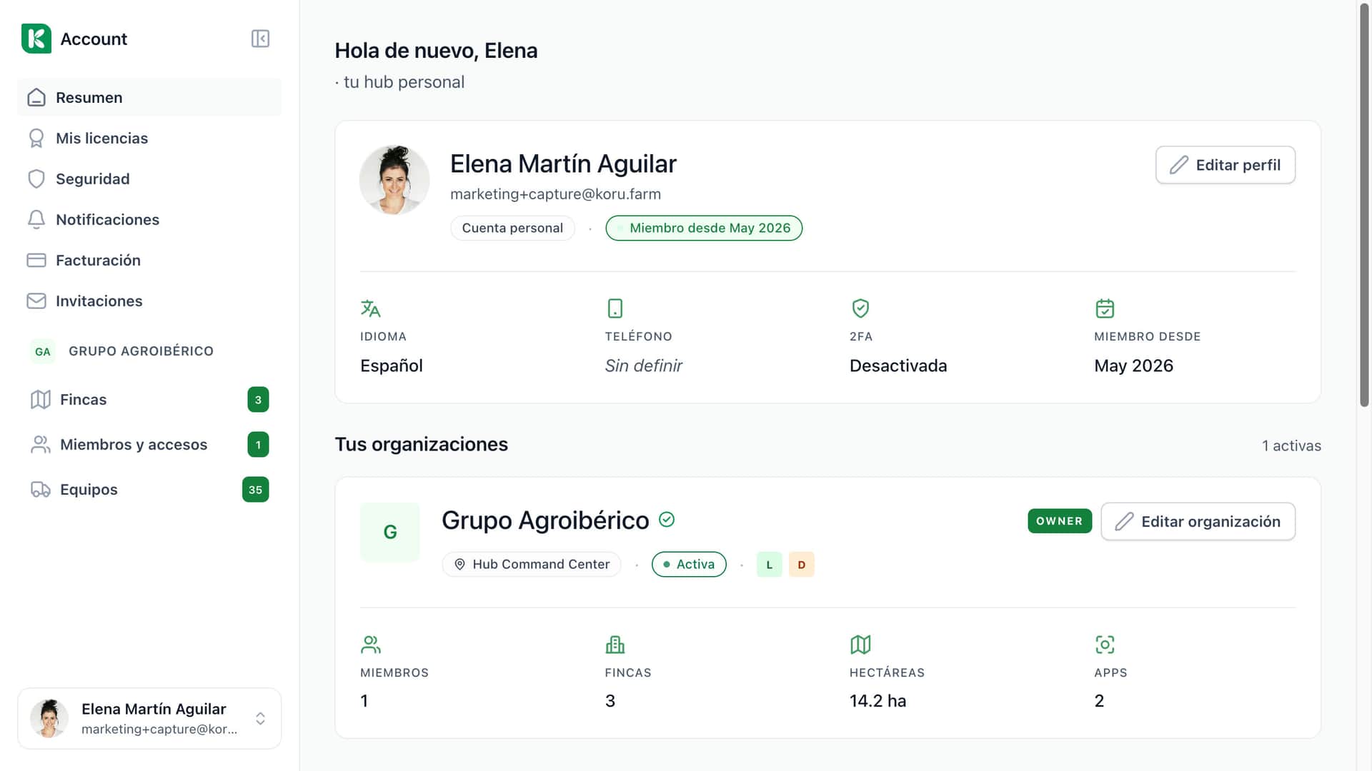 Resumen de la cuenta en Koru: el perfil del usuario y su organización con miembros, fincas, hectáreas y aplicaciones.