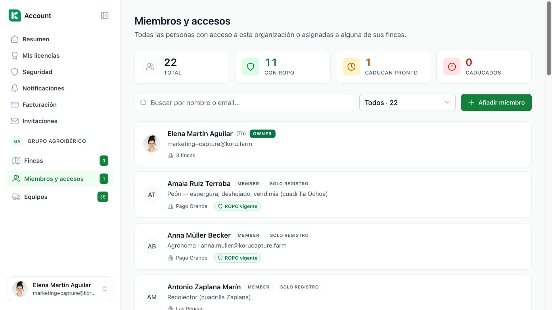 Miembros y acceso en Koru: todas las personas de la organización con función, finca y estado ROPO, y el recuento de carnés en vigor, por caducar y caducados.