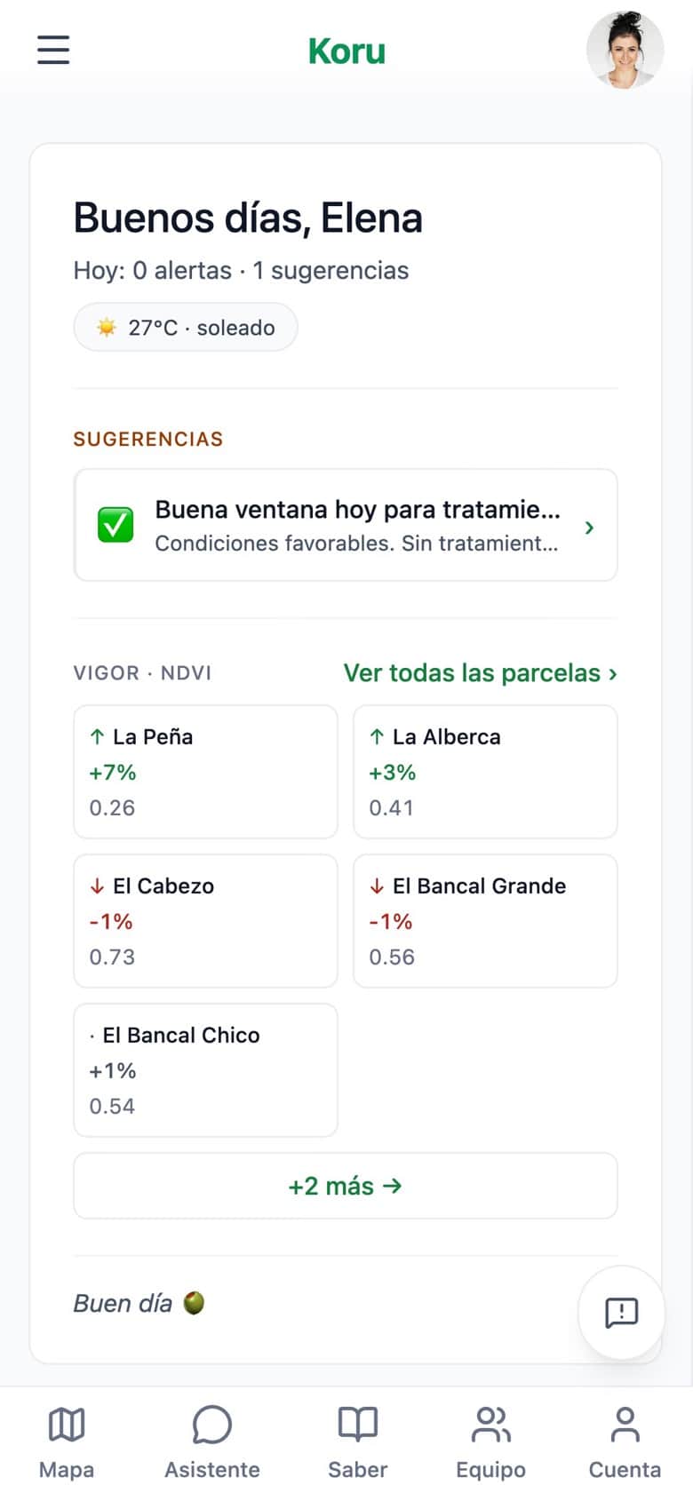 Panel de Koru Lite en ancho de móvil: la sugerencia de hoy y el cambio de NDVI de cada parcela