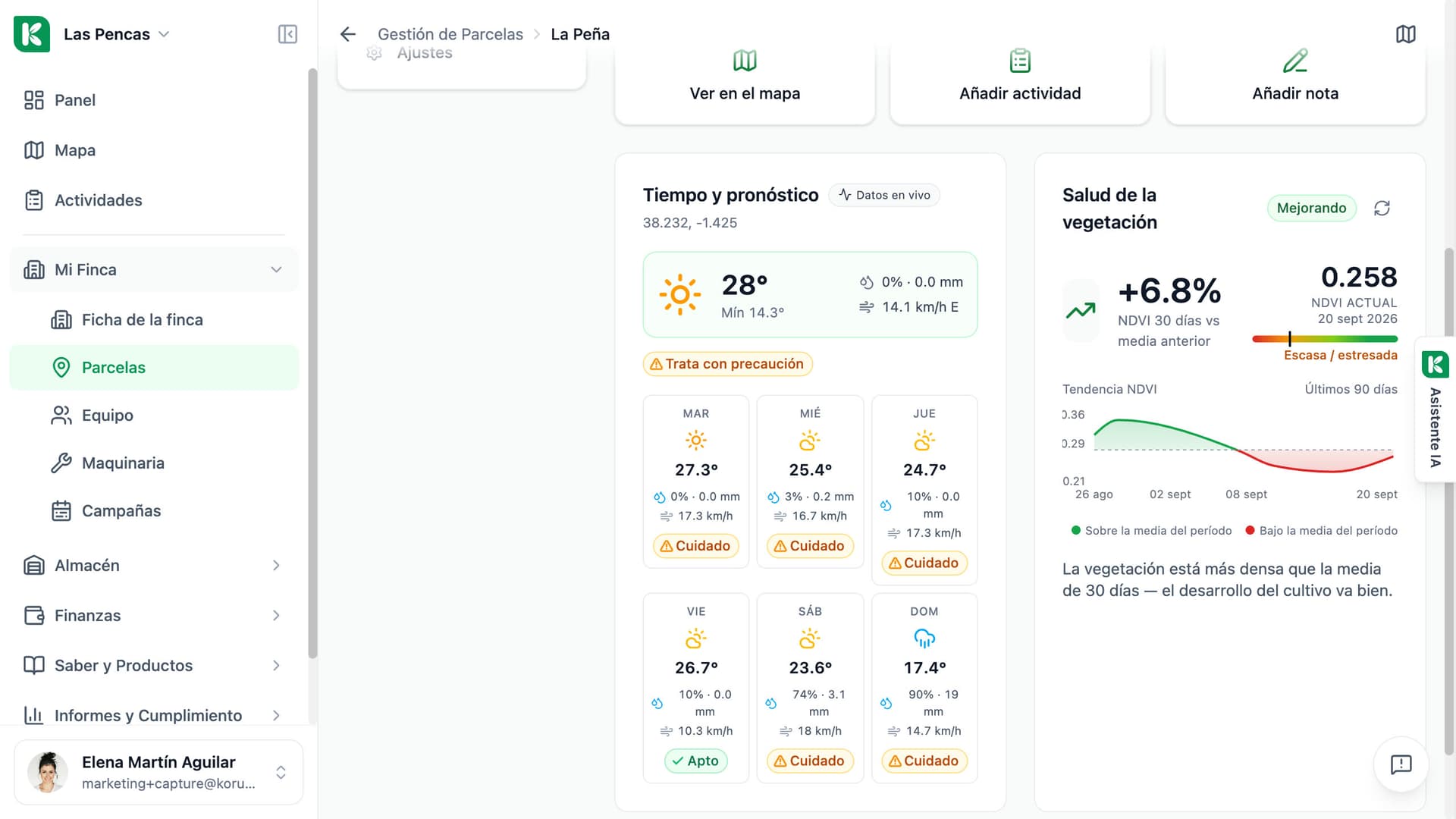 Página de una parcela en Koru: tarjeta Salud de la vegetación con el NDVI actual, su estado y el gráfico de tendencia NDVI de los últimos 90 días.