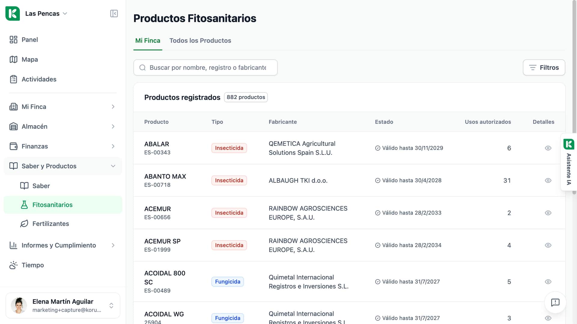 Registro de fitosanitarios en Koru: productos con tipo, fabricante, validez de la autorización y número de usos autorizados.